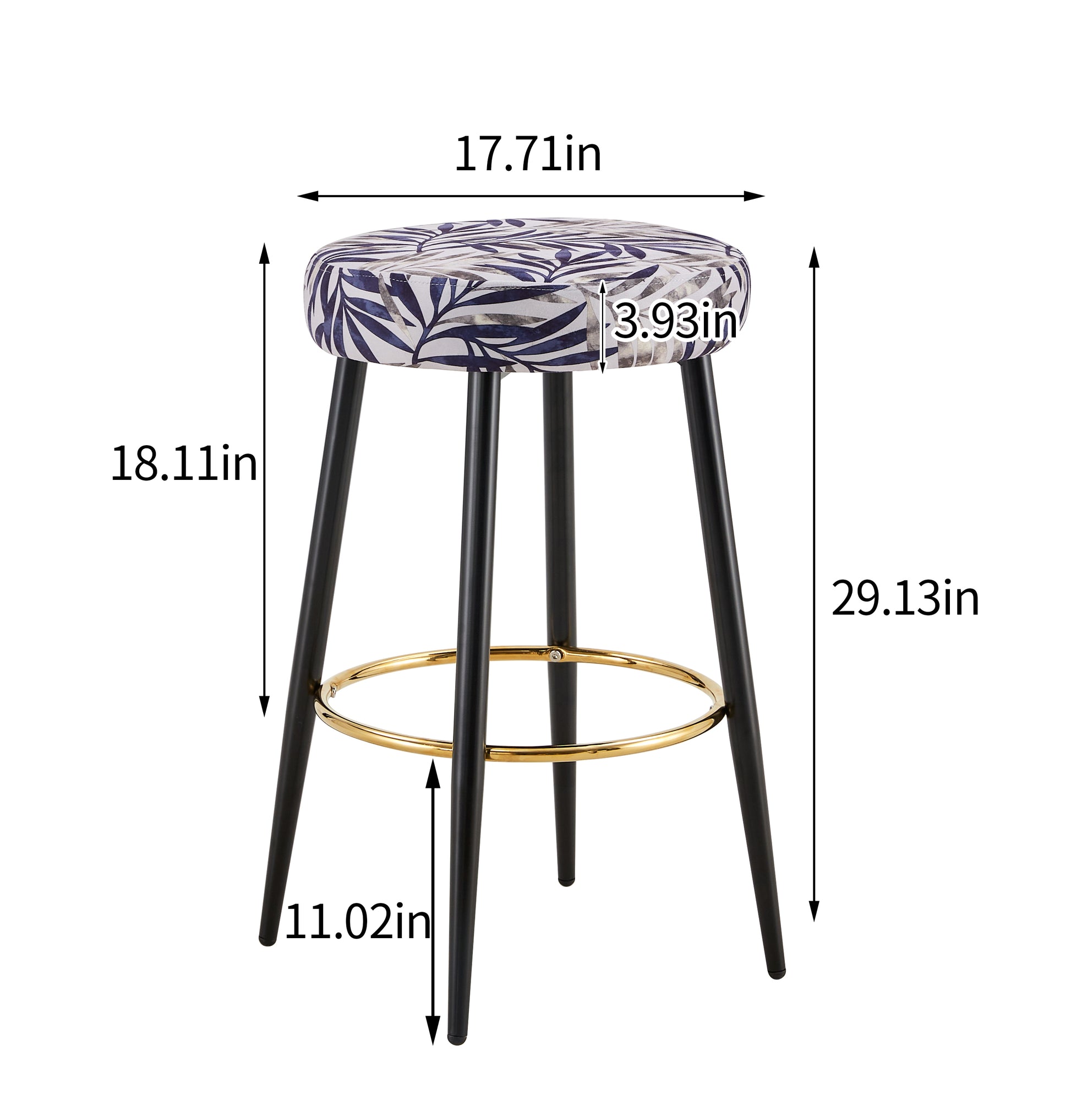 Blue leaf print accent stool with black legs and gold footrest ring