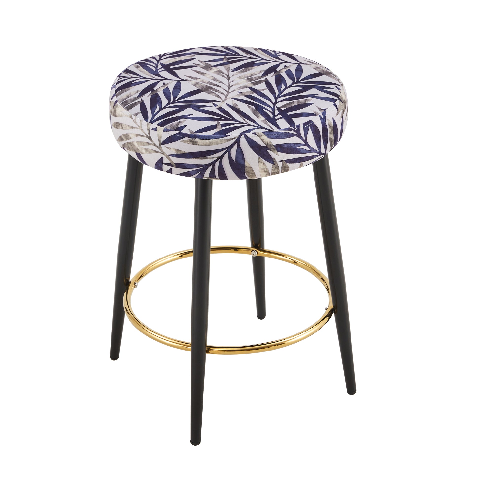 Round bar stool with navy blue palm leaf pattern fabric seat and gold footrest