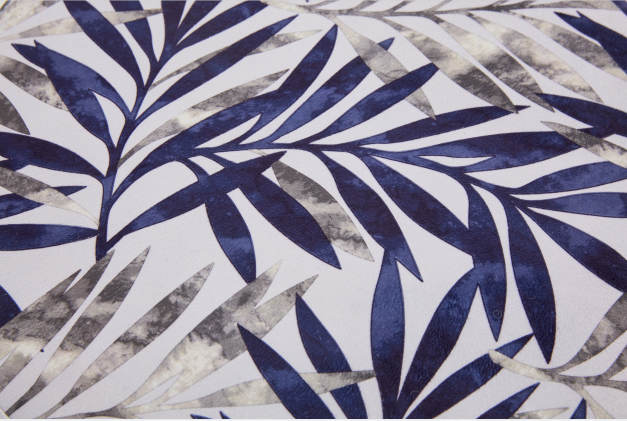 Dark blue and grey palm leaves pattern on white background fabric