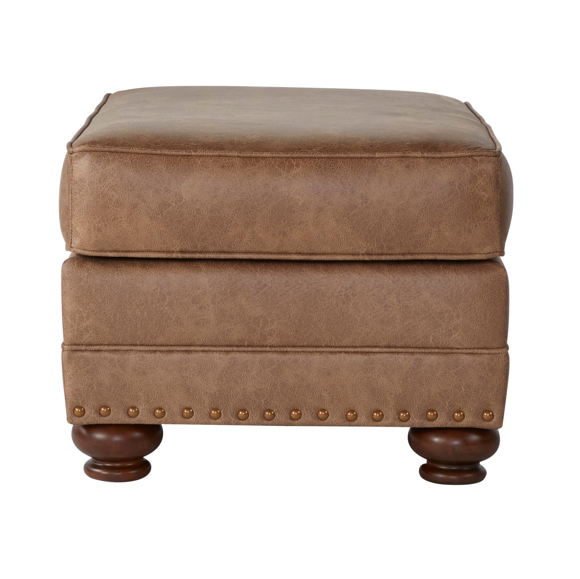 Brown faux leather ottoman with decorative nailhead trim and wooden bun feet