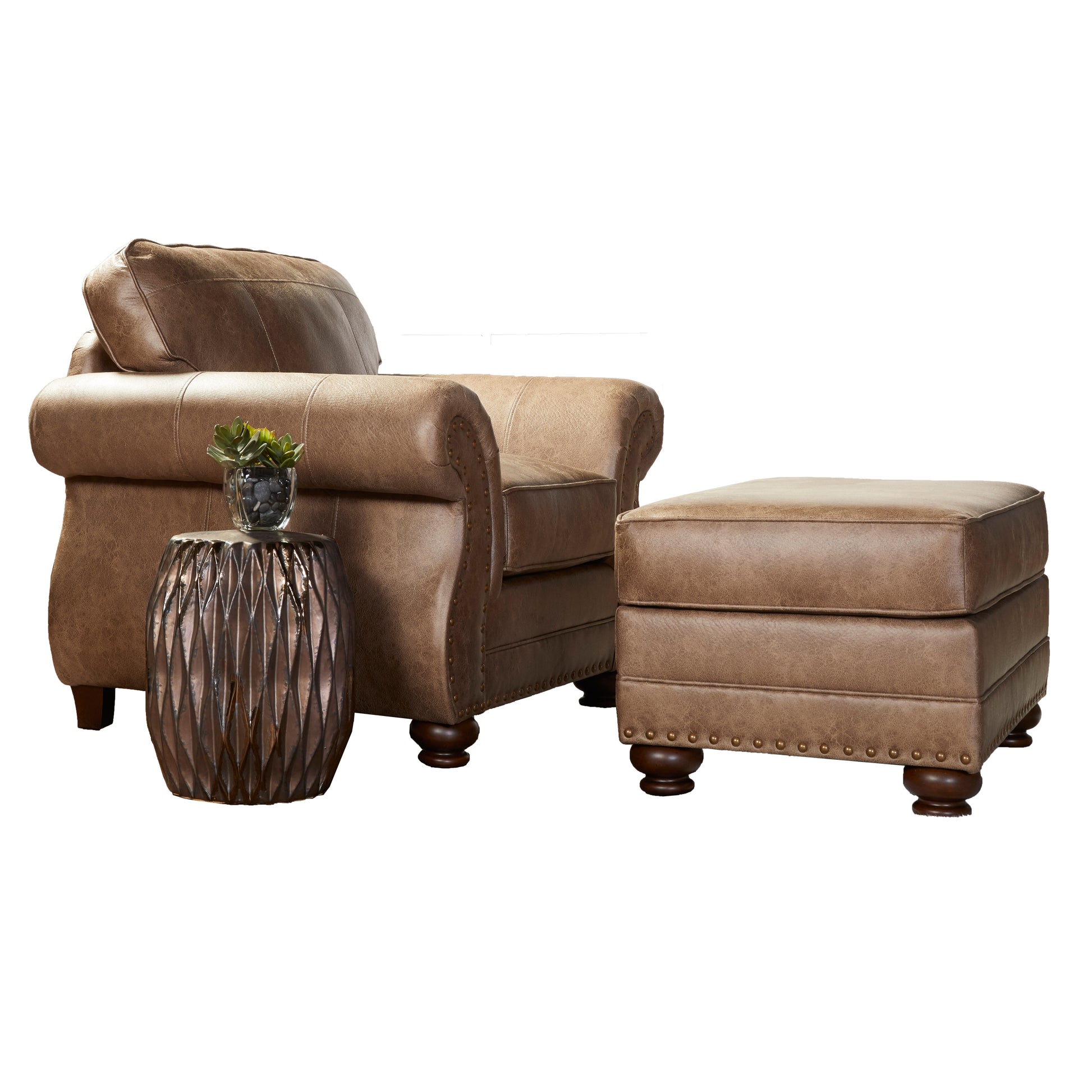 Brown leather recliner chair with nailhead trim and matching ottoman
