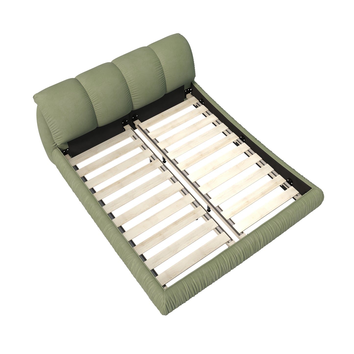 Sage green velvet upholstered bed frame with slatted base