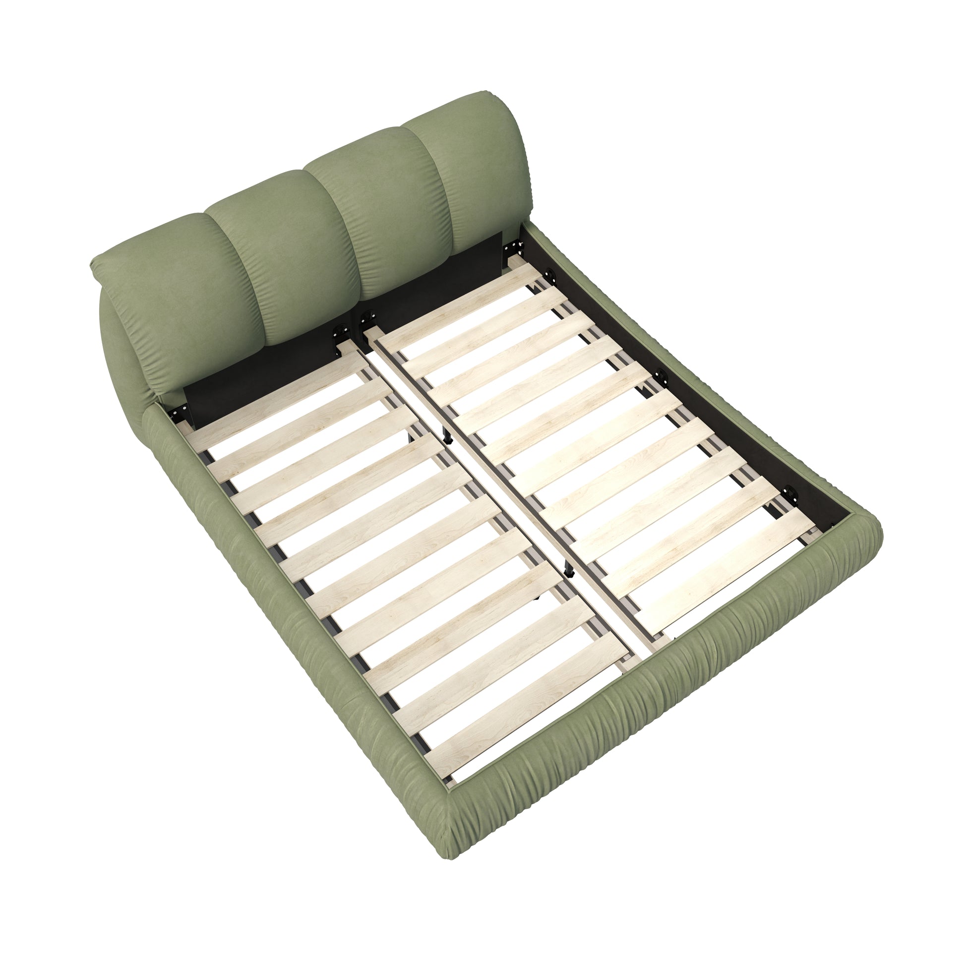 Sage green velvet upholstered bed frame with slatted base