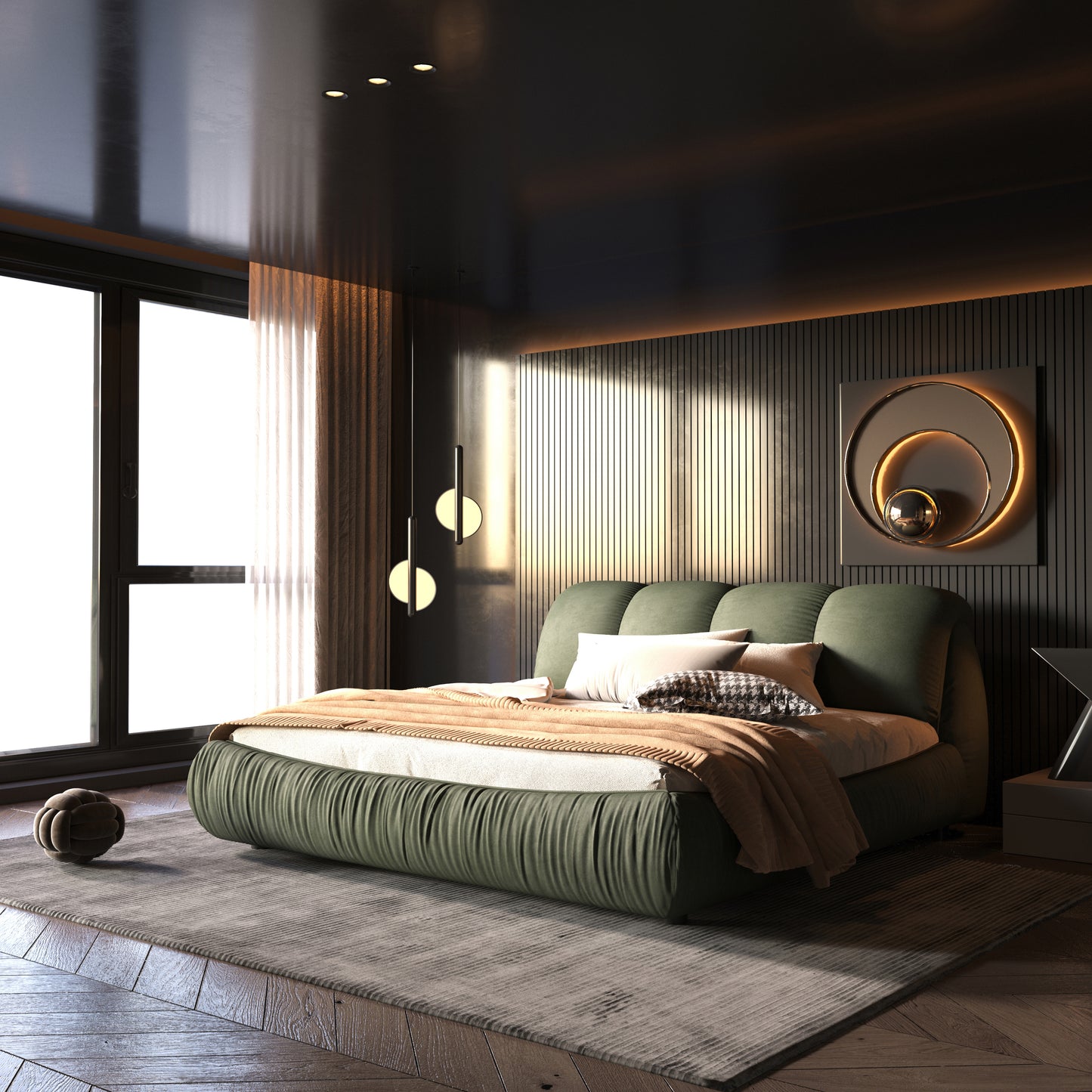 Modern green velvet bed with textured duvet and plush pillows