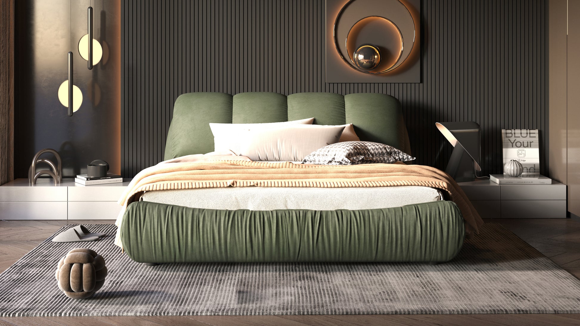 Modern olive green upholstered bed with tufted headboard and pleated base