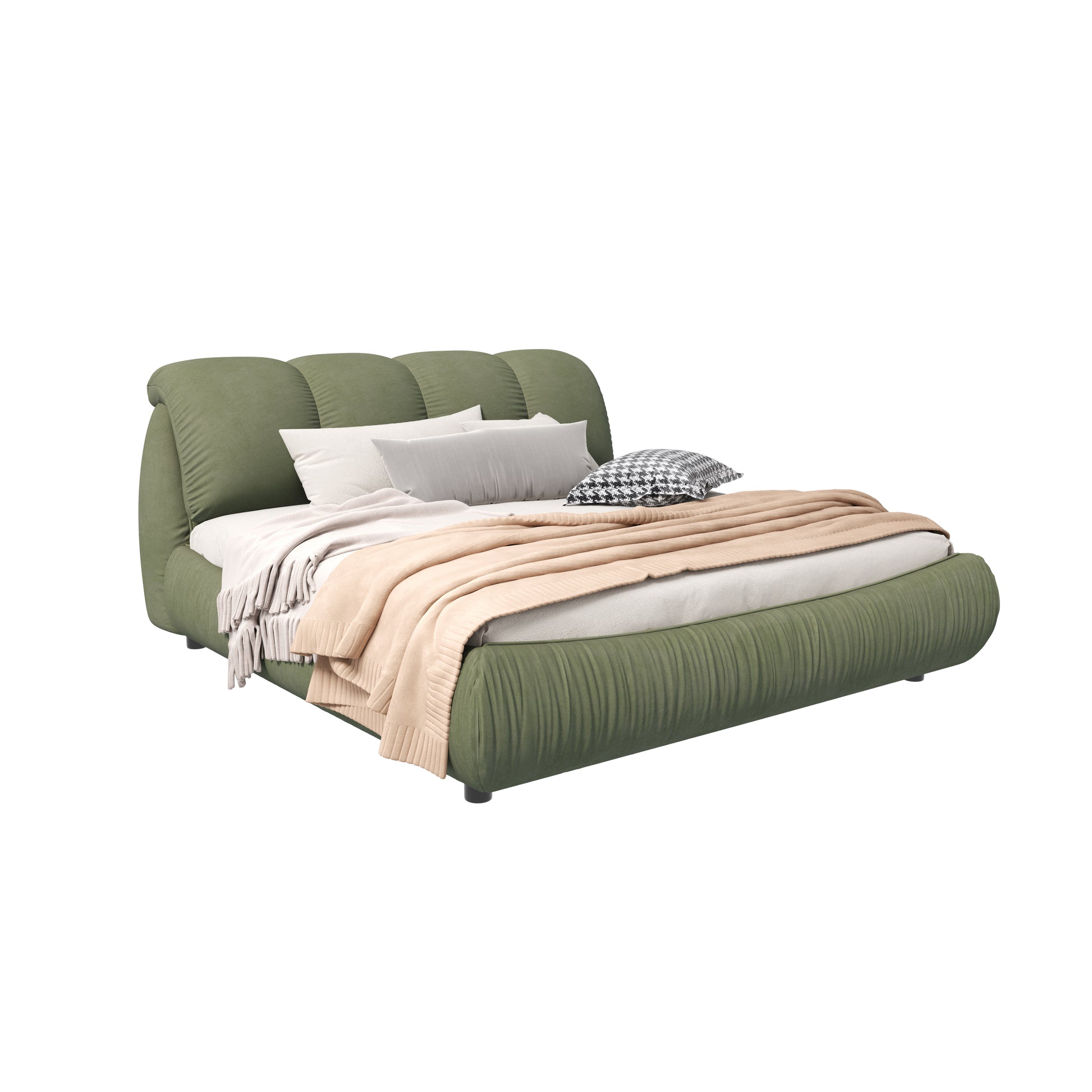 Tufted sage green upholstered platform bed with beige throws and accent pillows