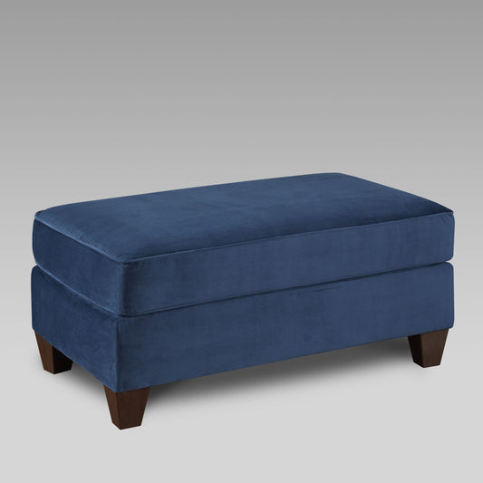 Navy blue velvet rectangular ottoman with dark wood legs
