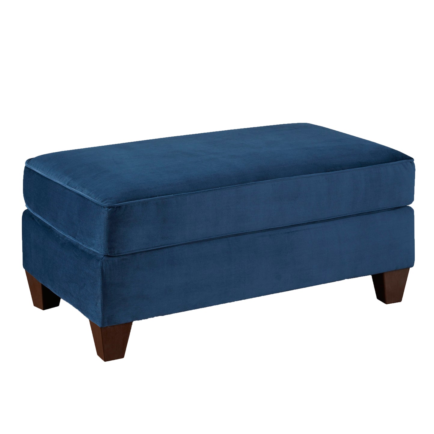 Plush navy velvet rectangular ottoman with dark wood legs perfect for footrest or extra seating