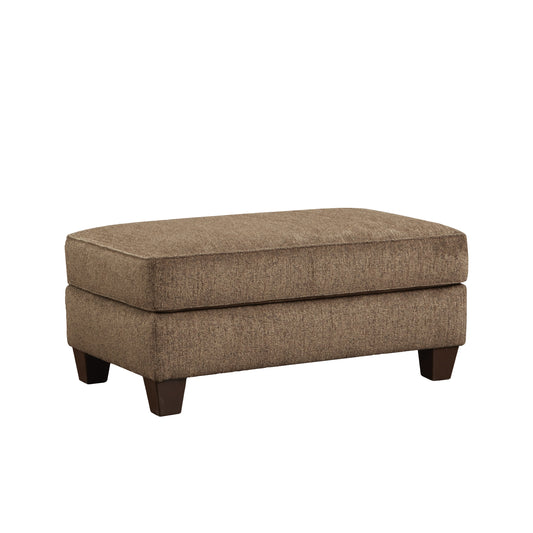 Brown textured fabric ottoman with dark wood legs for comfortable footrest