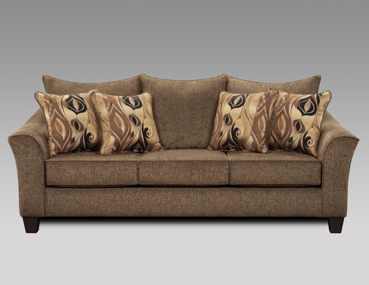 Threeseater brown fabric sofa with decorative patterned throw pillows for comfortable living room seating