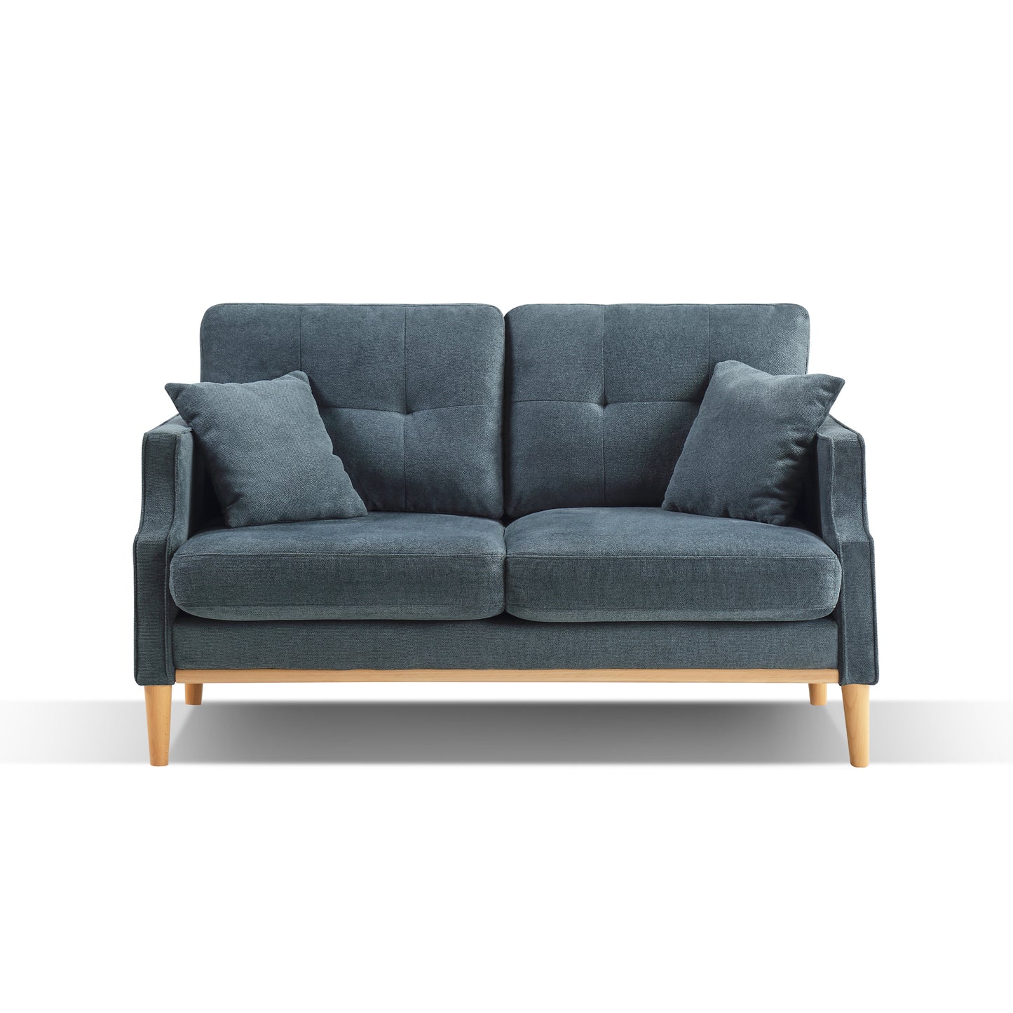 Modern dark blue fabric loveseat with button tufting and wooden legs
