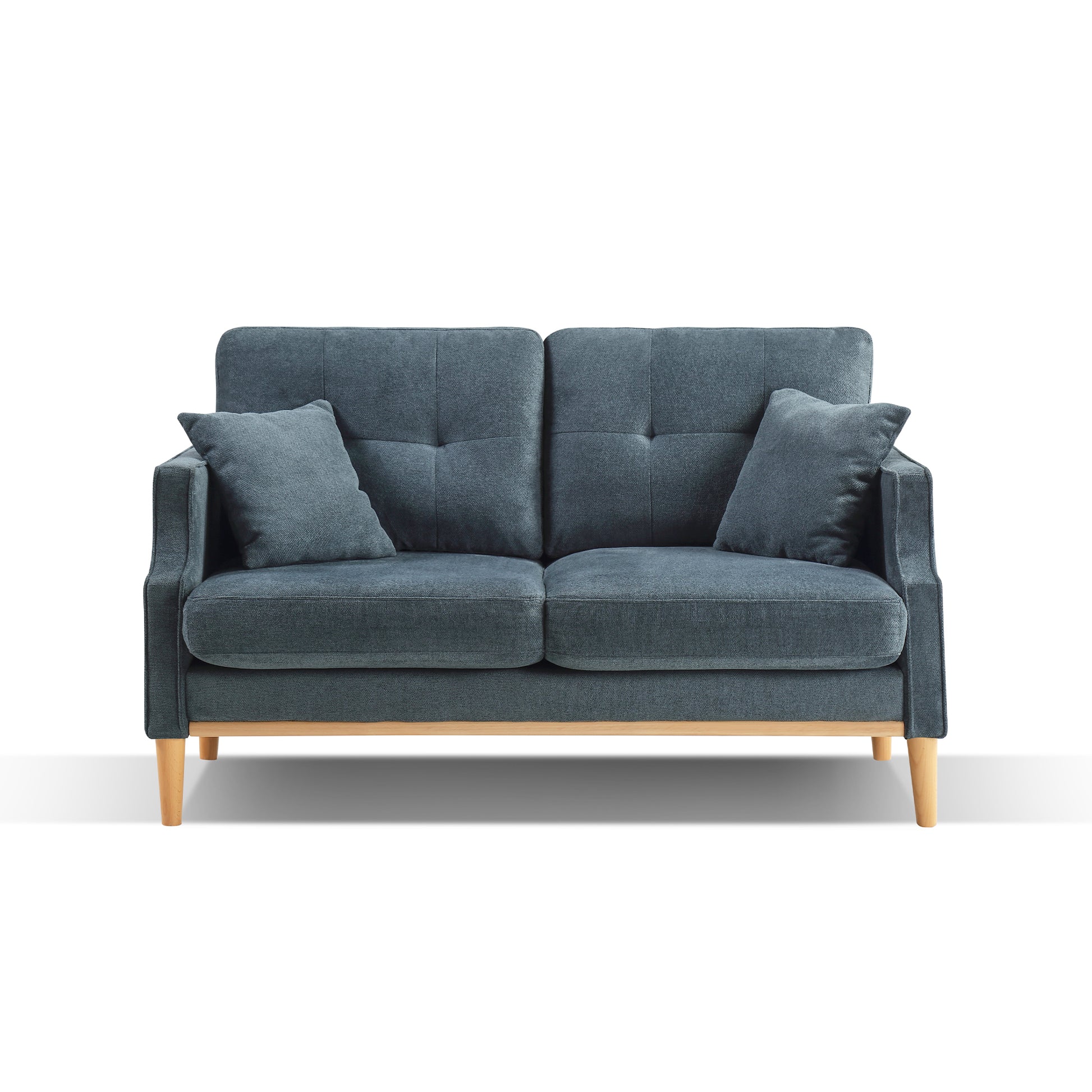 Modern dark blue fabric loveseat with button tufting and wooden legs