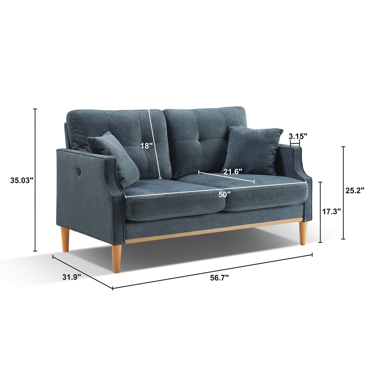 Dark blue fabric loveseat with tufted cushions and wooden legs This sofa seats two people comfortably