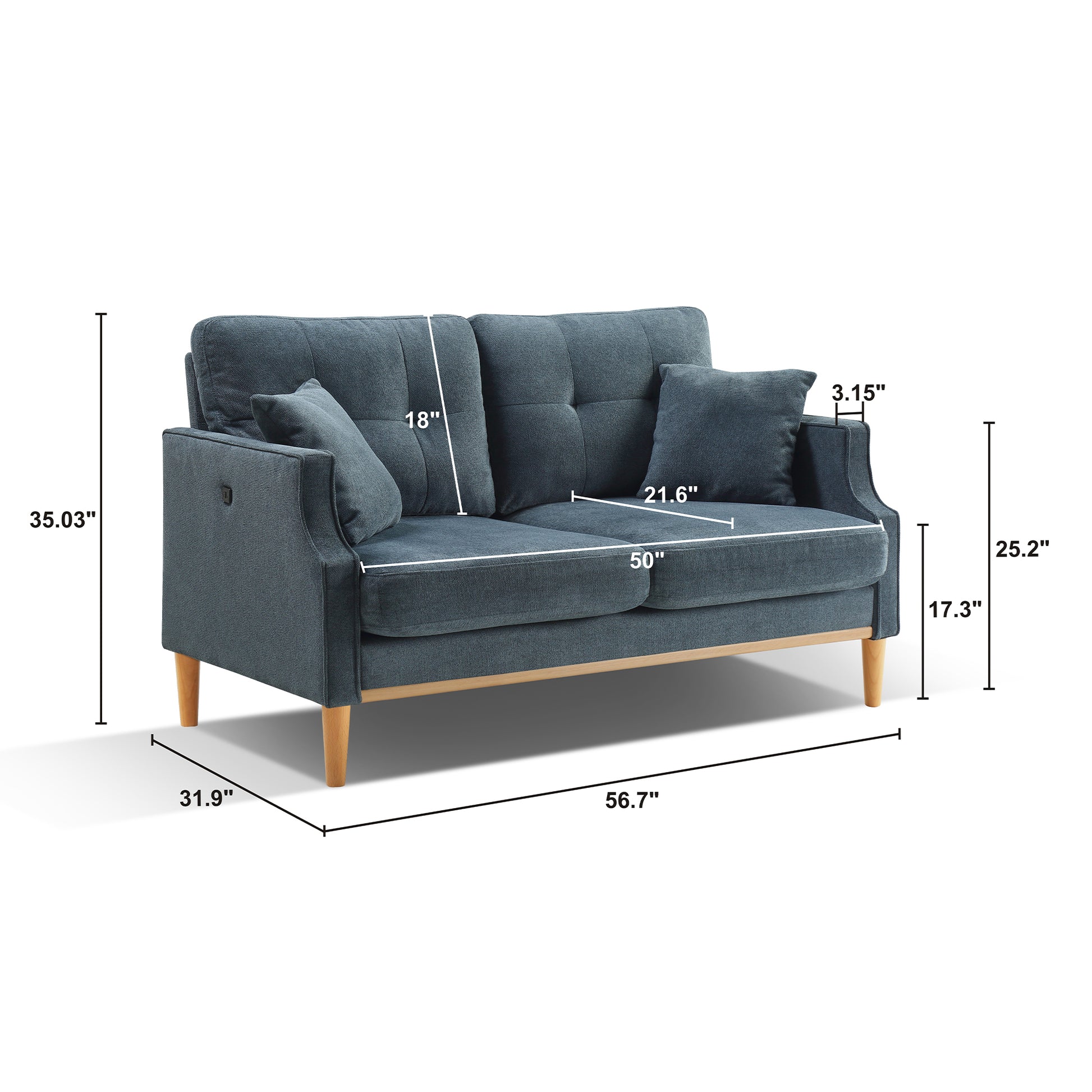 Dark blue fabric loveseat with tufted cushions and wooden legs This sofa seats two people comfortably