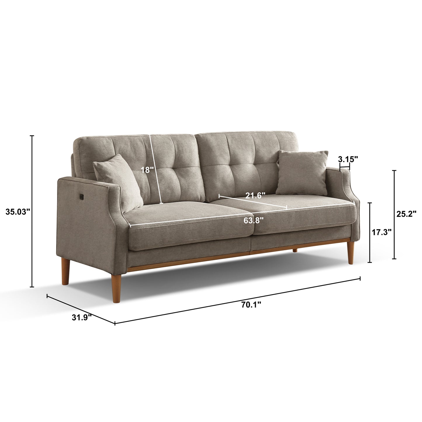 Tufted grey fabric sofa with wooden legs and throw pillows