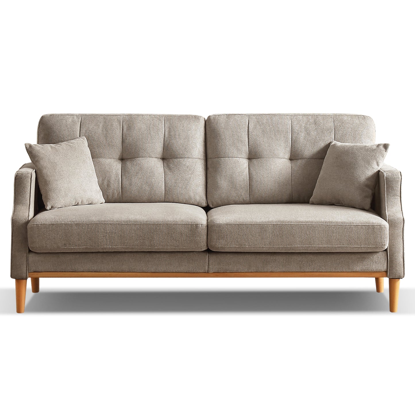 Tufted grey fabric sofa with wooden legs and two throw pillows perfect for living room comfort