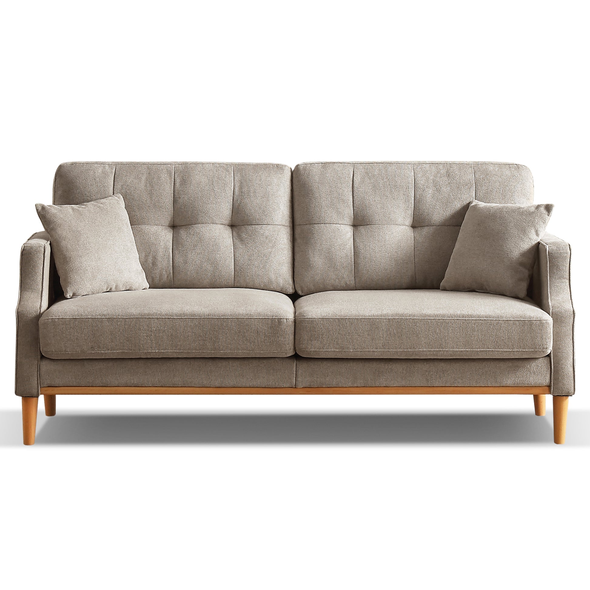 Tufted grey fabric sofa with wooden legs and two throw pillows perfect for living room comfort