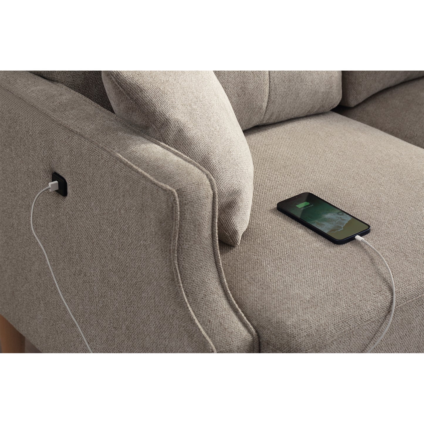 Textured fabric armchair in neutral tones with integrated USB charging port