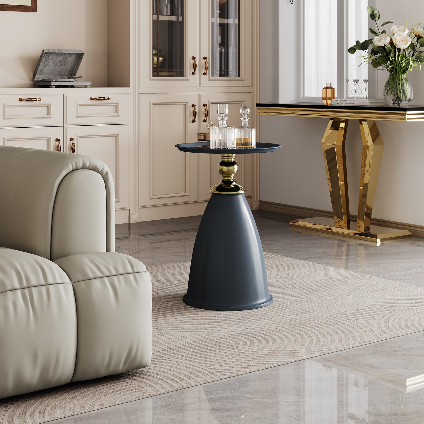 Navy blue conical side table with gold accents perfect for living rooms
