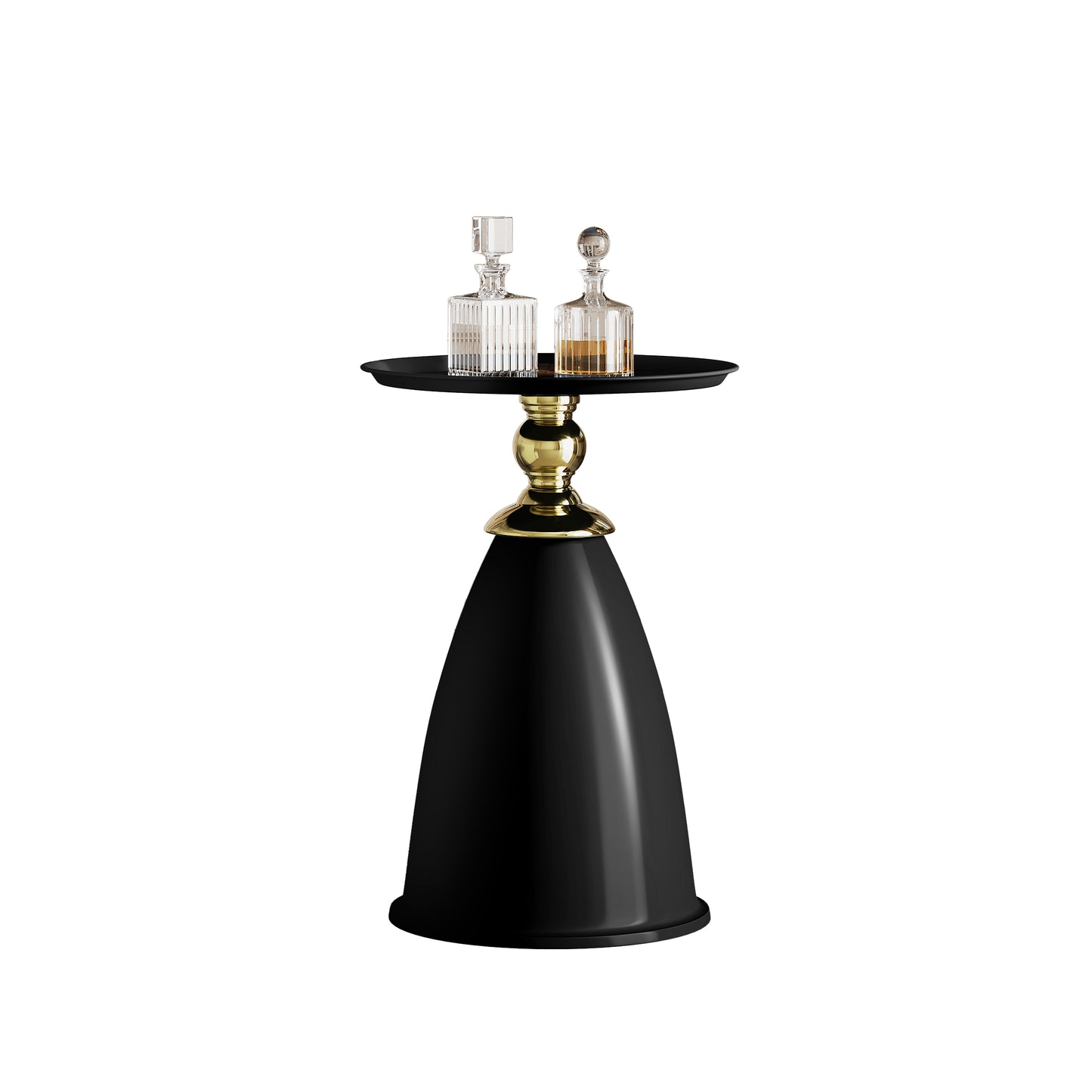 Elegant black bedside table with ornate gold base and decorative glass decanters