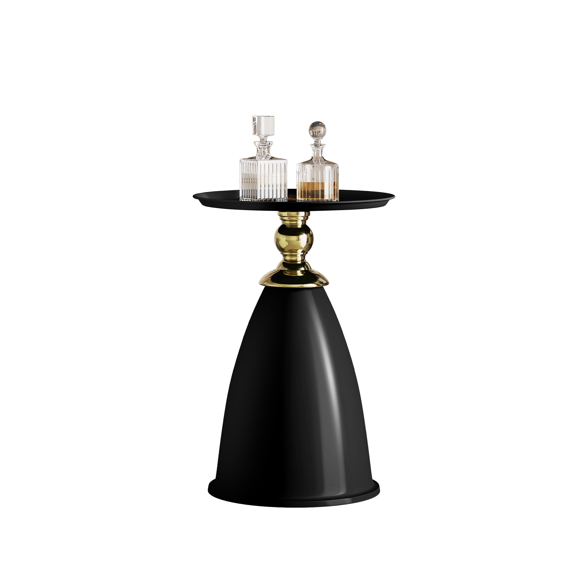 Elegant black bedside table with ornate gold base and decorative glass decanters