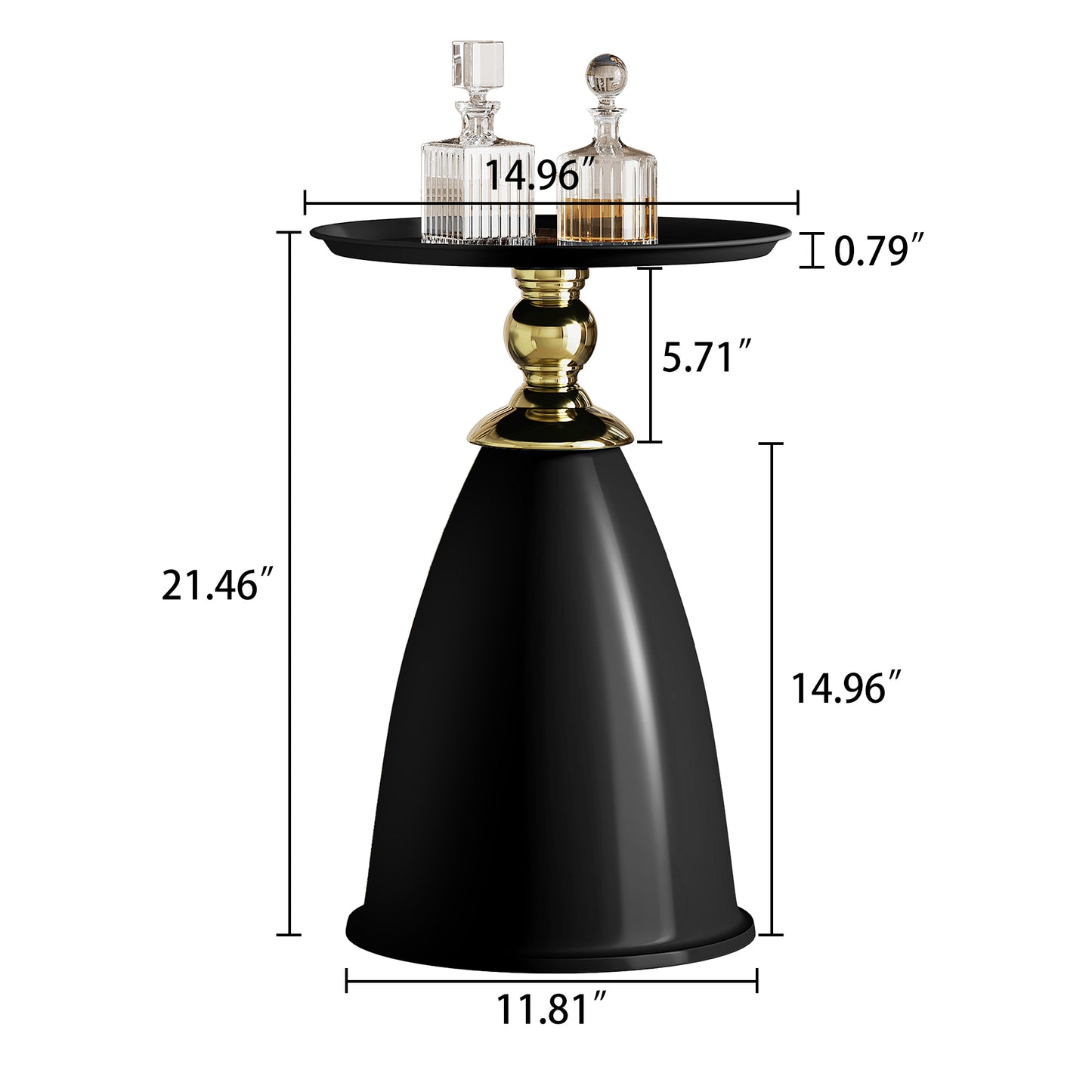 Black metal accent table with gold pedestal base and decorative decanters