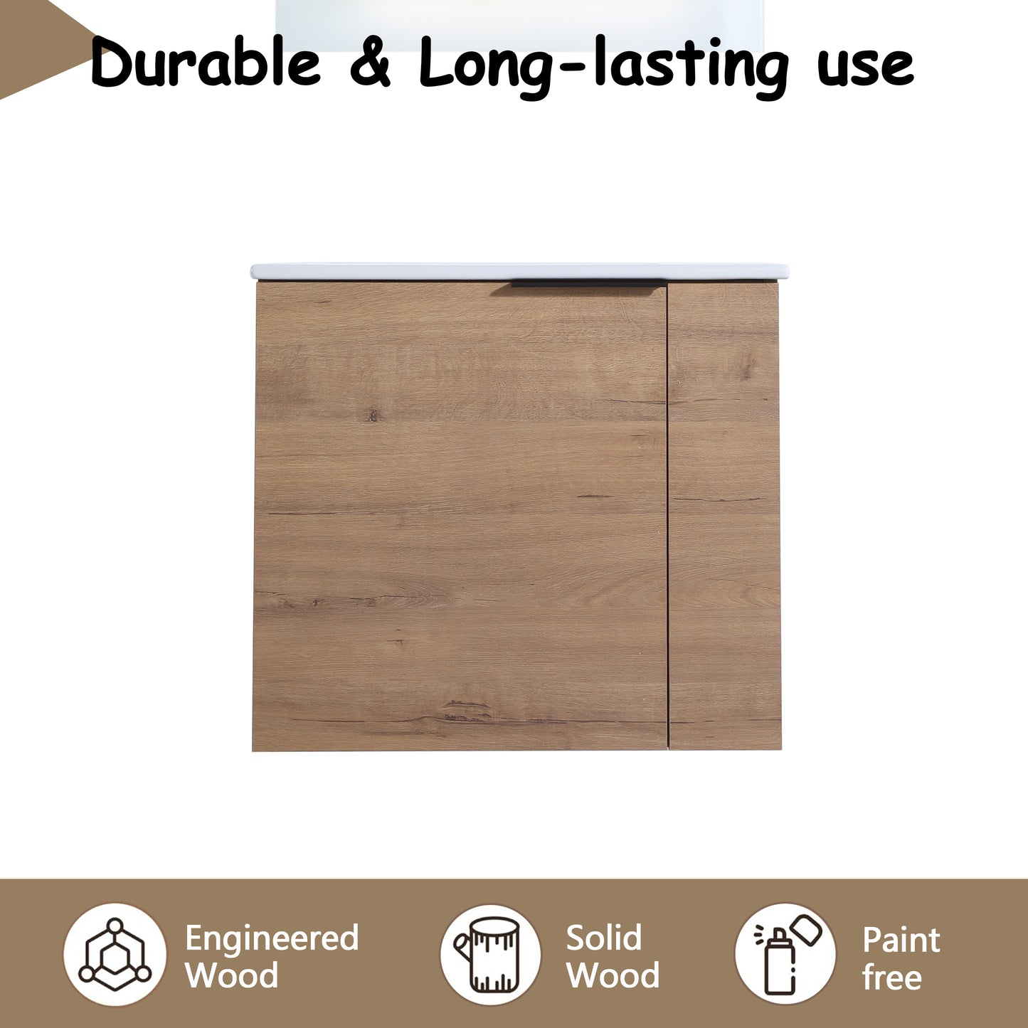 Oak veneer cabinet with white countertop and black handle modern design