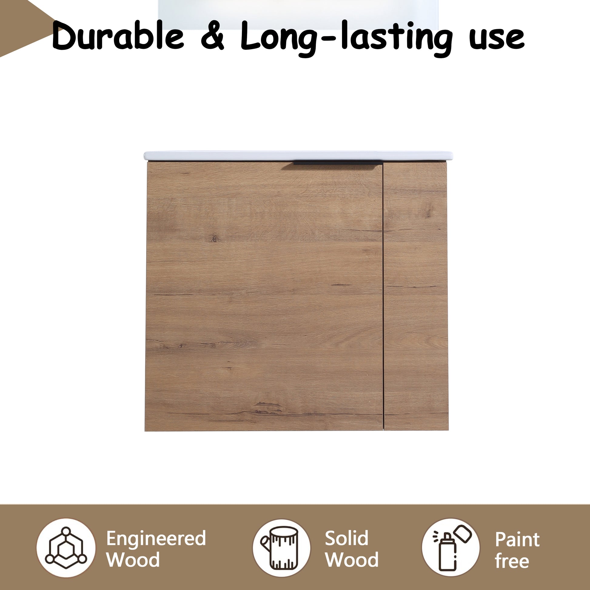 Oak veneer cabinet with white countertop and black handle modern design