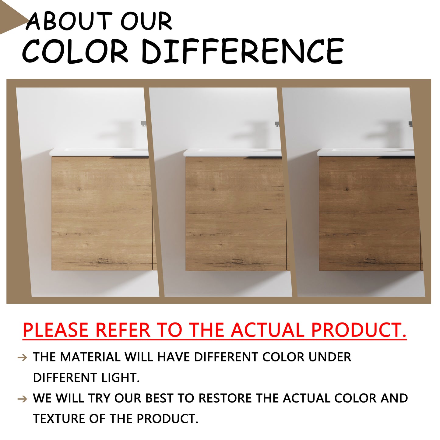 Light wood grain vanity cabinet shown under different lighting conditions