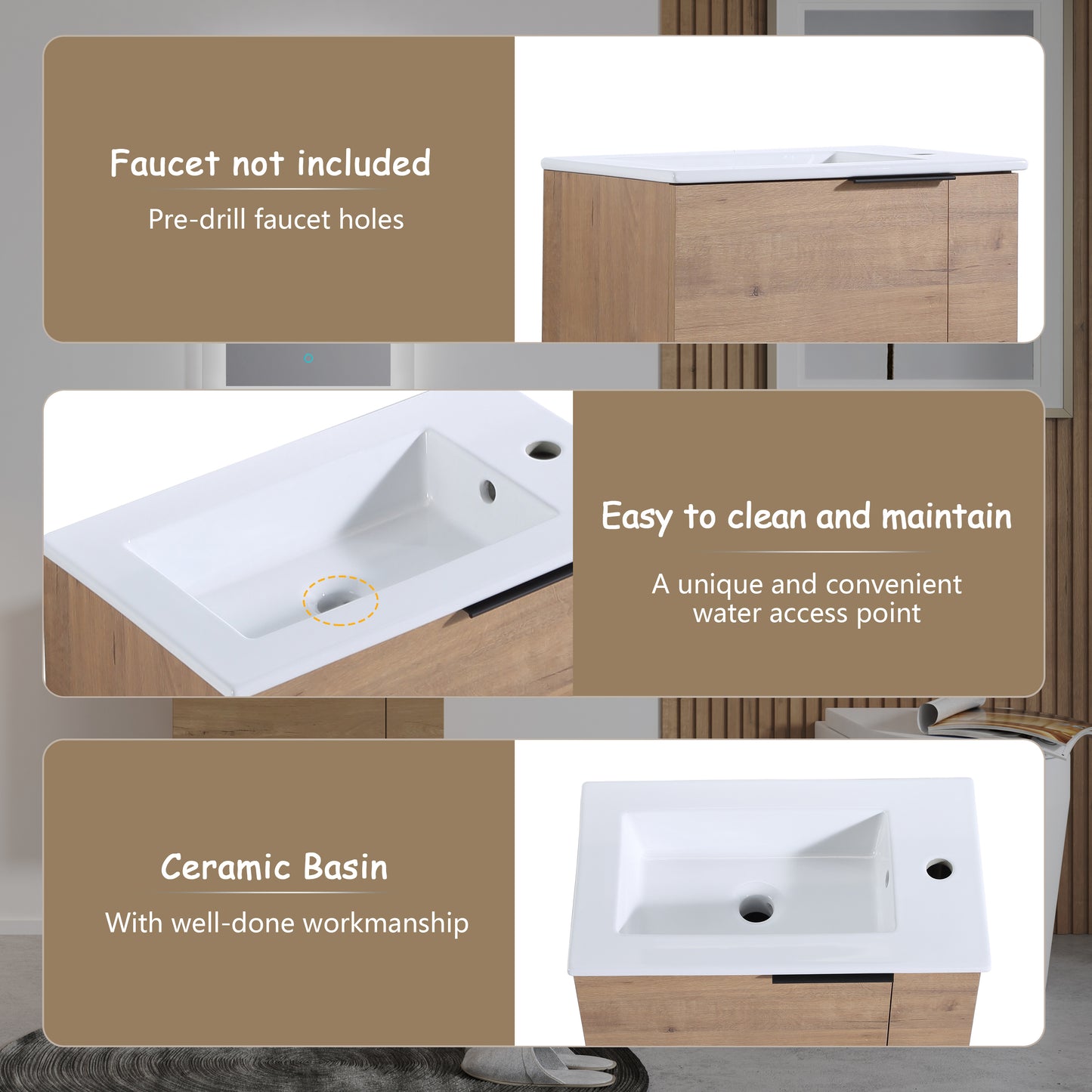 Modern wooden vanity with predrilled holes for faucet installation