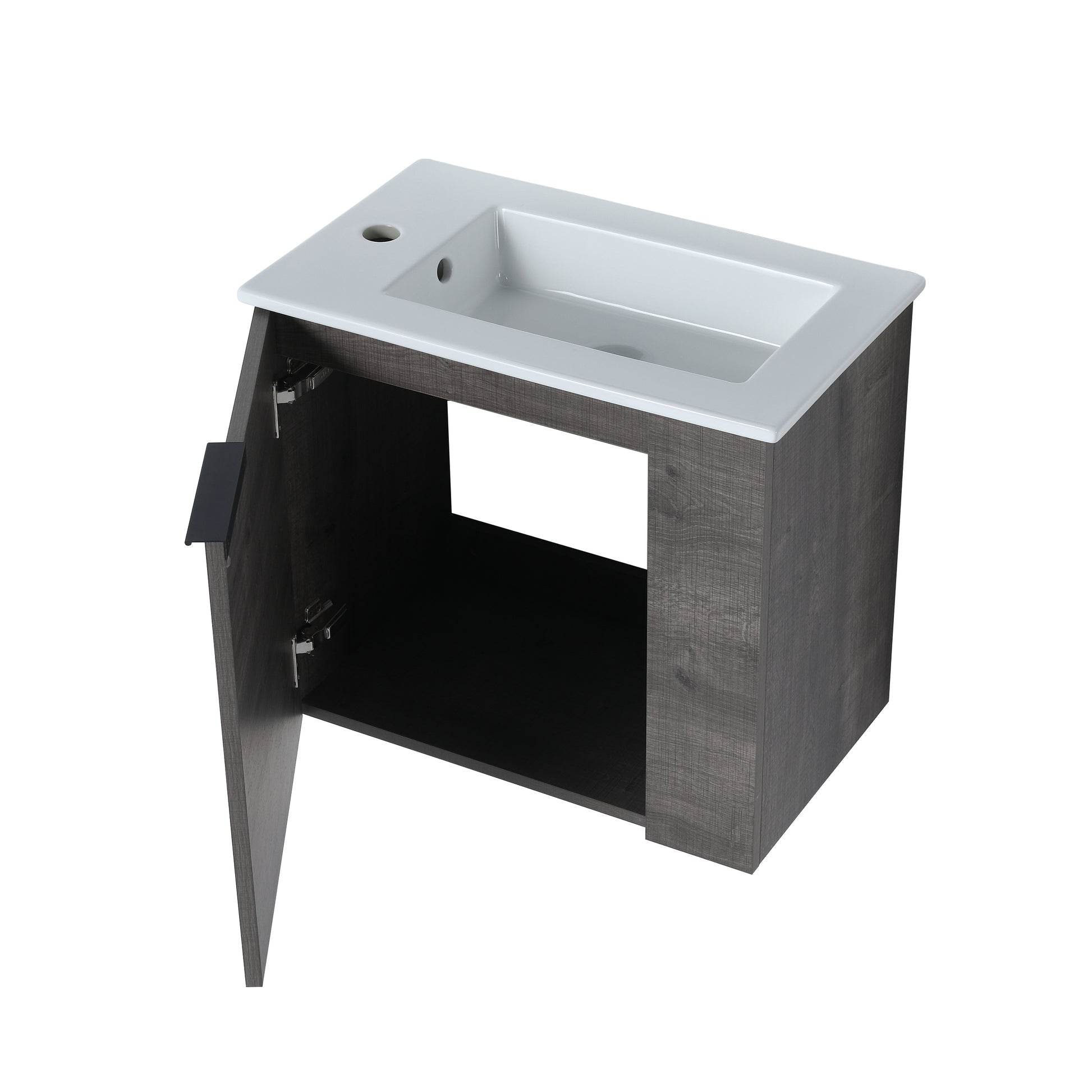 Modern gray wood grain vanity cabinet with white ceramic sink and open door