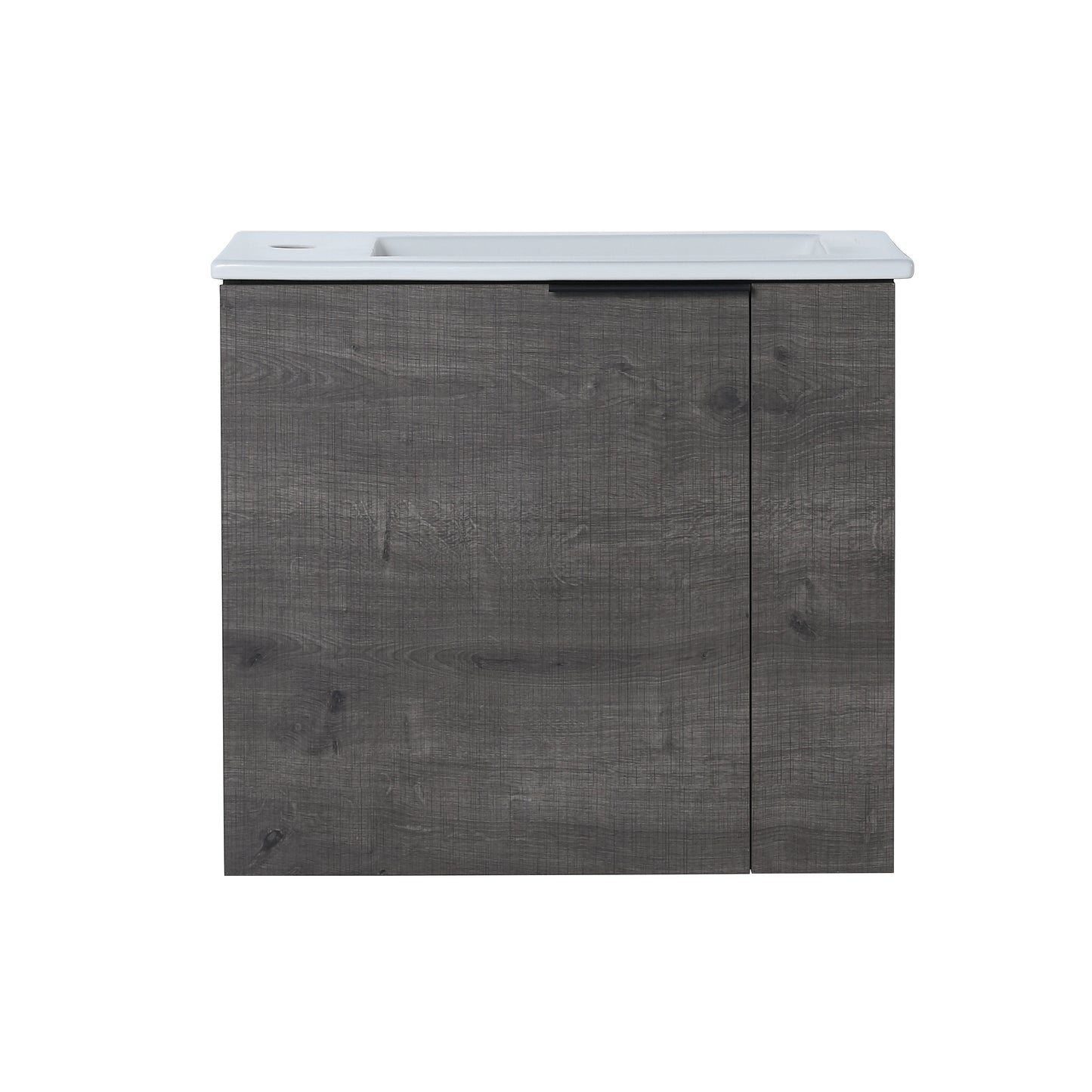 Modern gray wood grain vanity with white ceramic basin perfect for compact bathrooms
