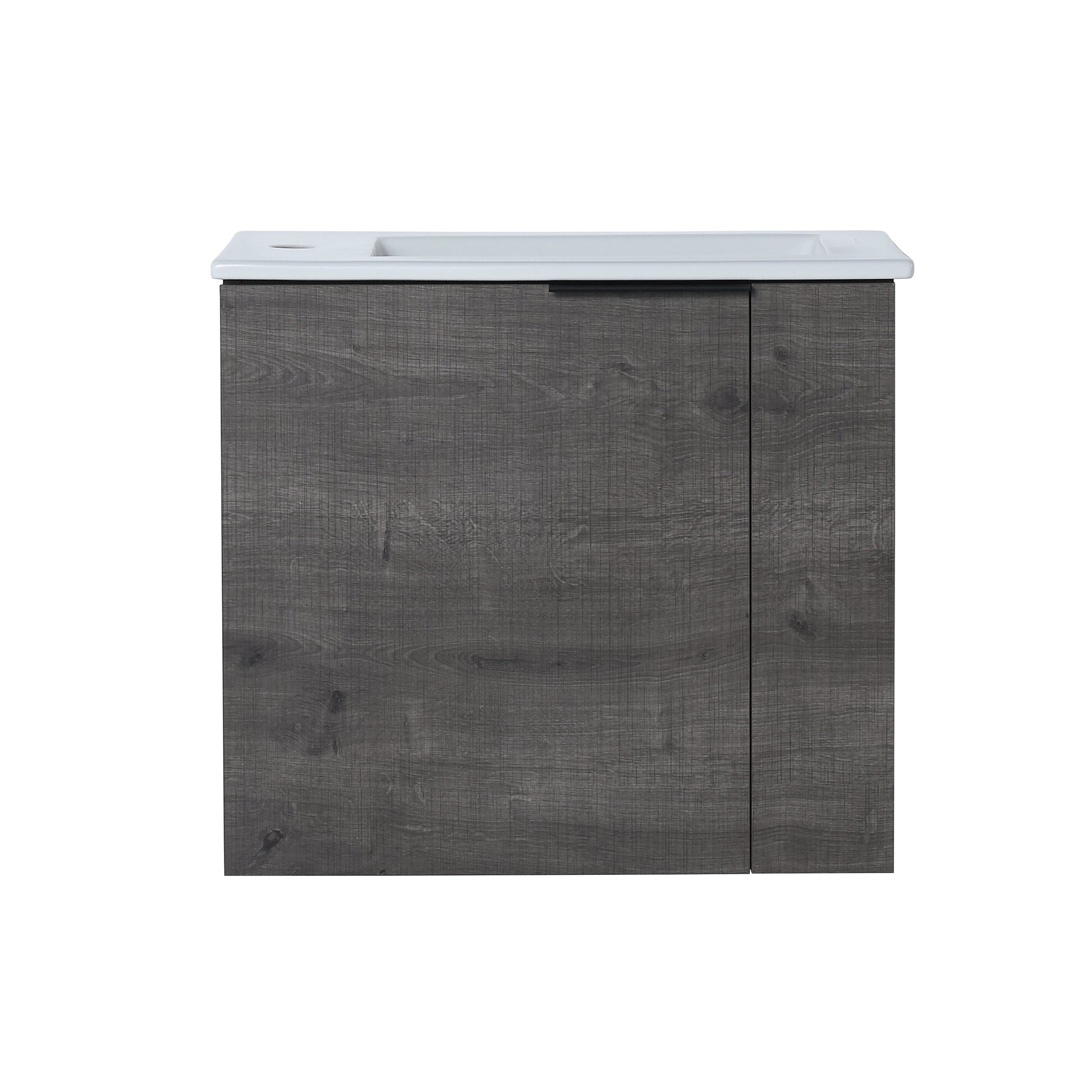 Modern gray wood grain vanity with white ceramic basin perfect for compact bathrooms