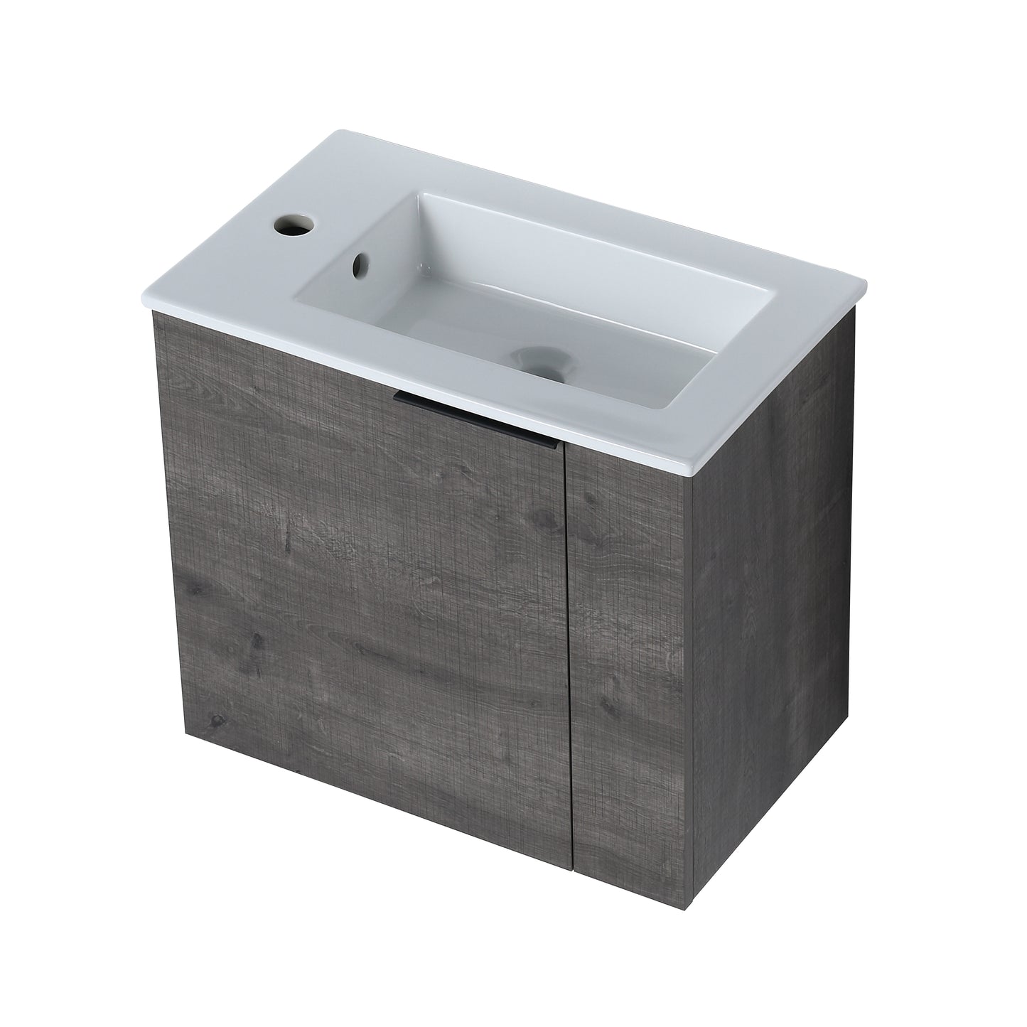 Modern grey wood grain vanity with white ceramic sink and single drawer