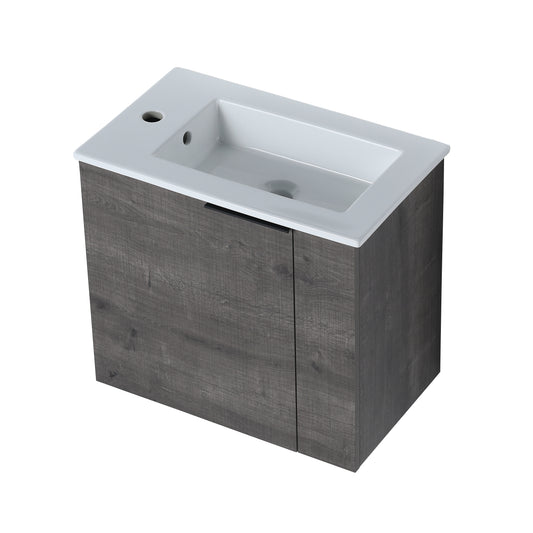Modern grey wood grain vanity with white ceramic sink and single drawer