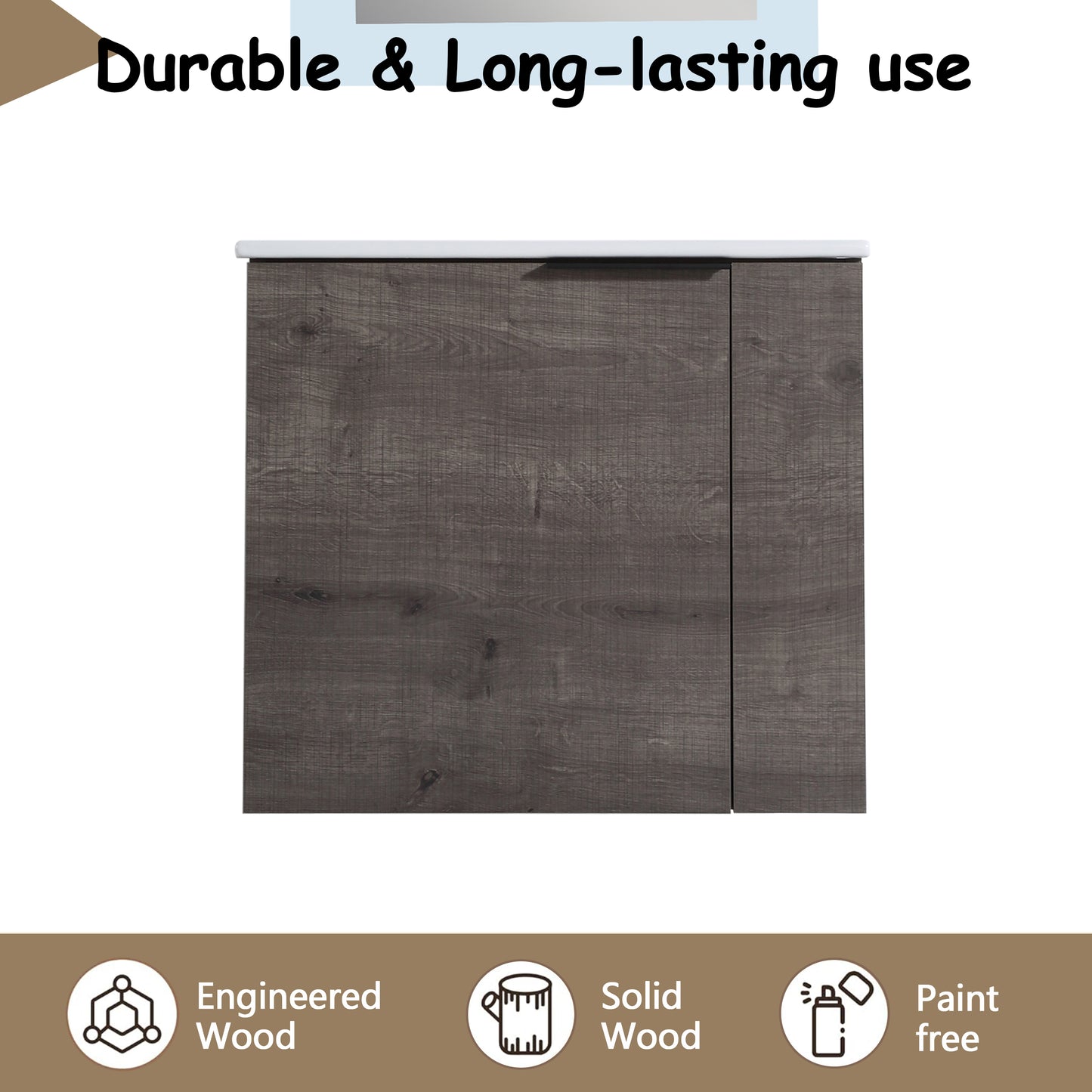 Dark gray engineered wood cabinet with white countertop for durable storage