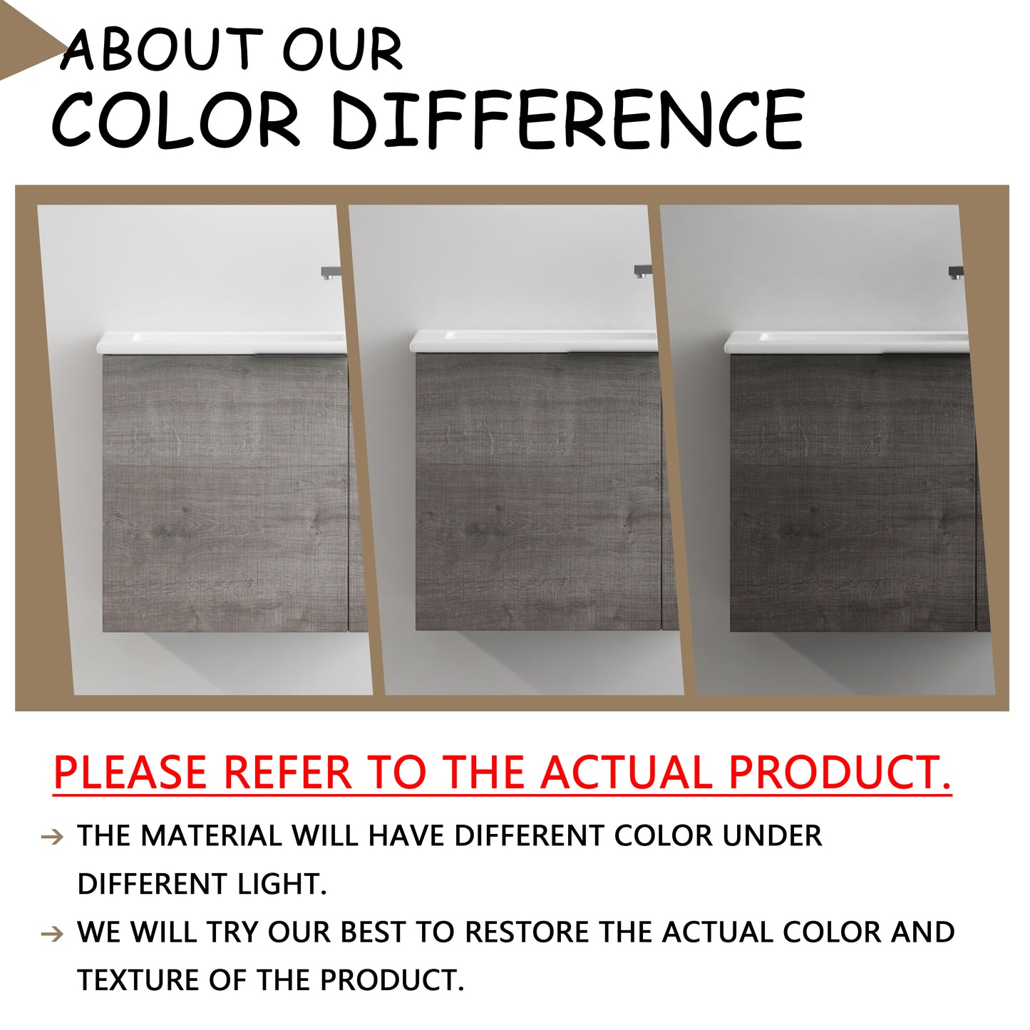 Wood grain vanity cabinet in three shades of grey demonstrating color variation under different lighting conditions for a modern bathroom