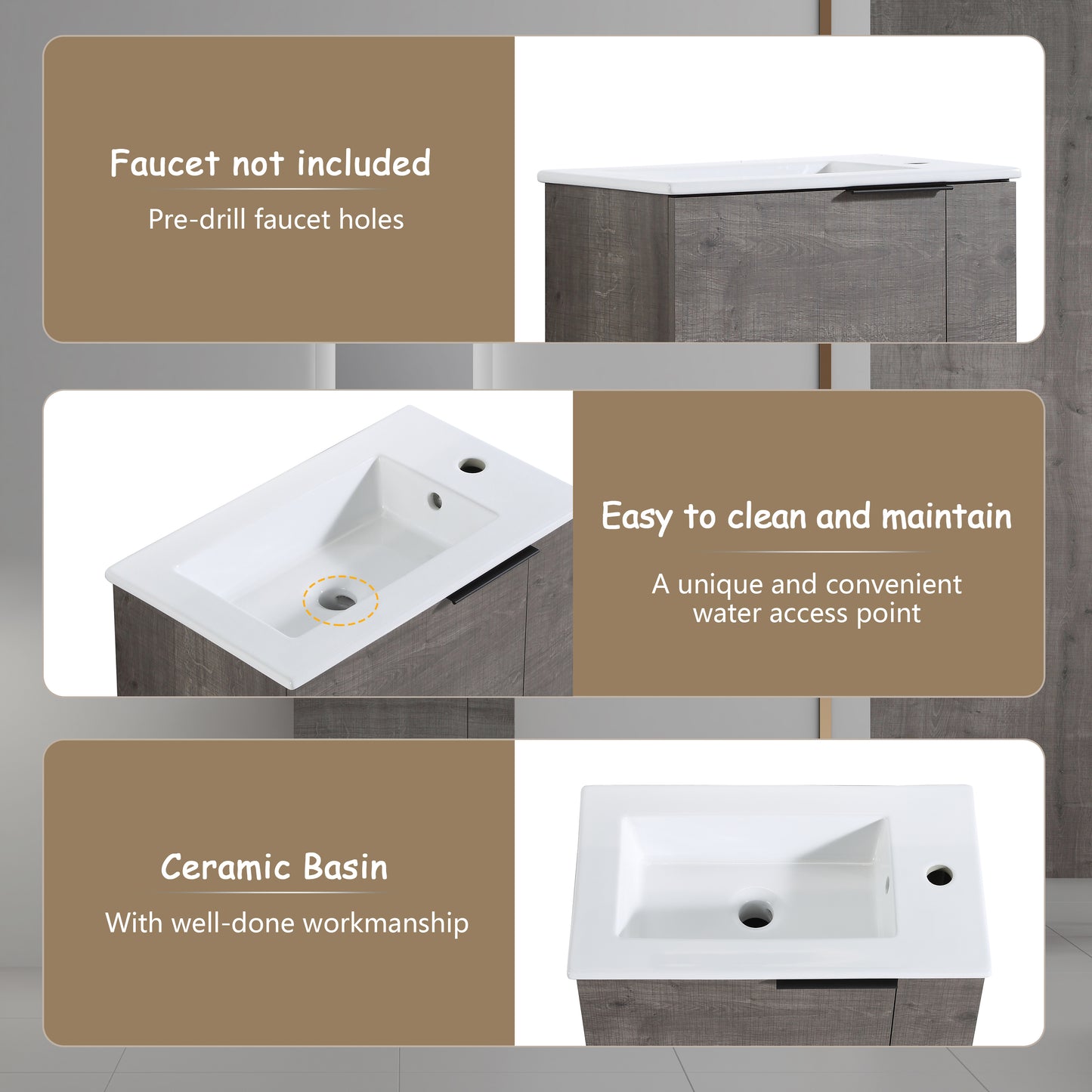 Gray wood grain vanity with white ceramic basin and predrilled faucet holes