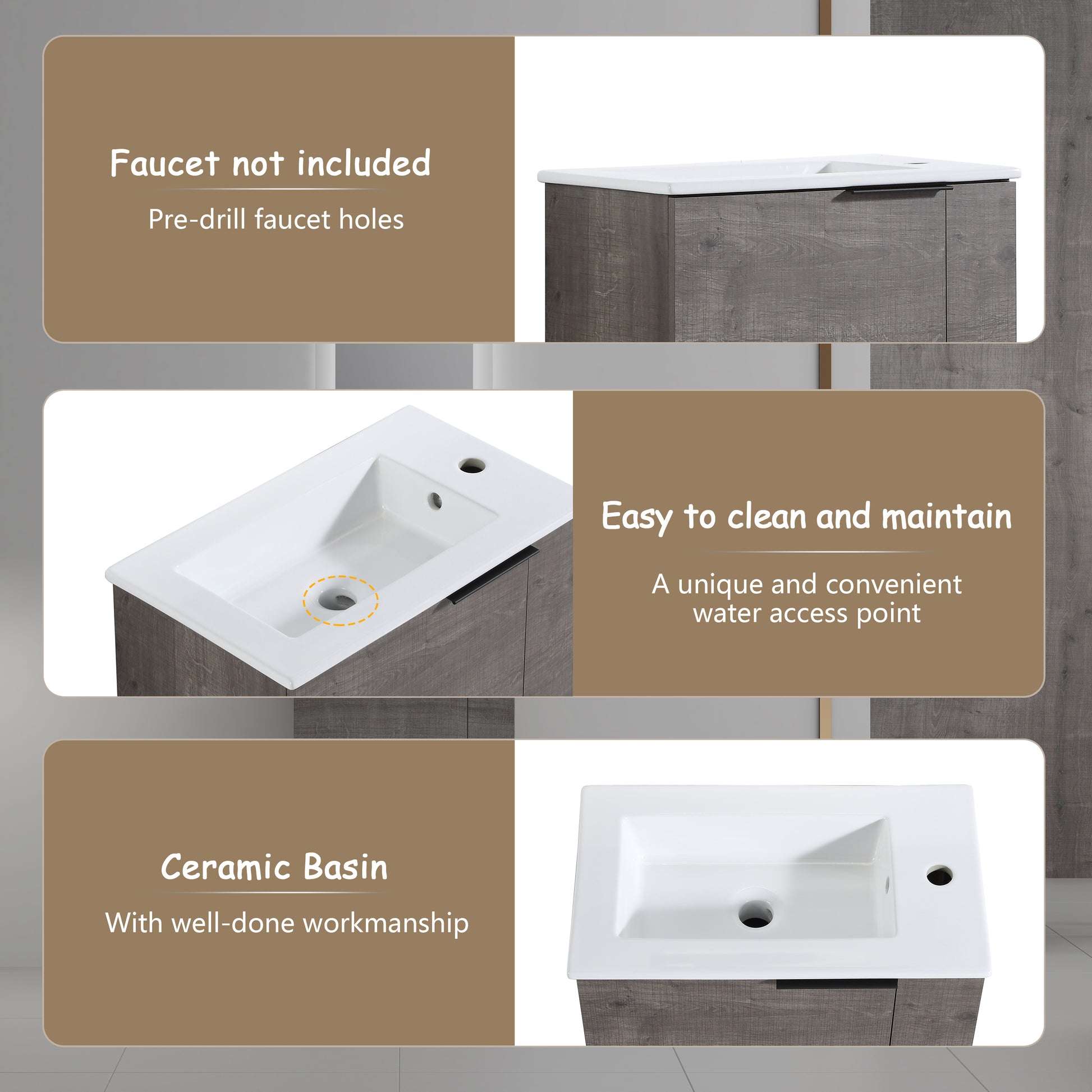 Gray wood grain vanity with white ceramic basin and predrilled faucet holes