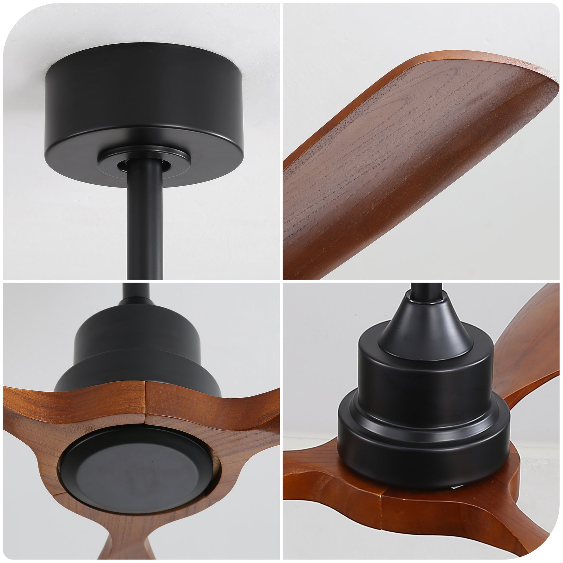 Black ceiling fan motor housing with natural wood blade accents and mounting bracket