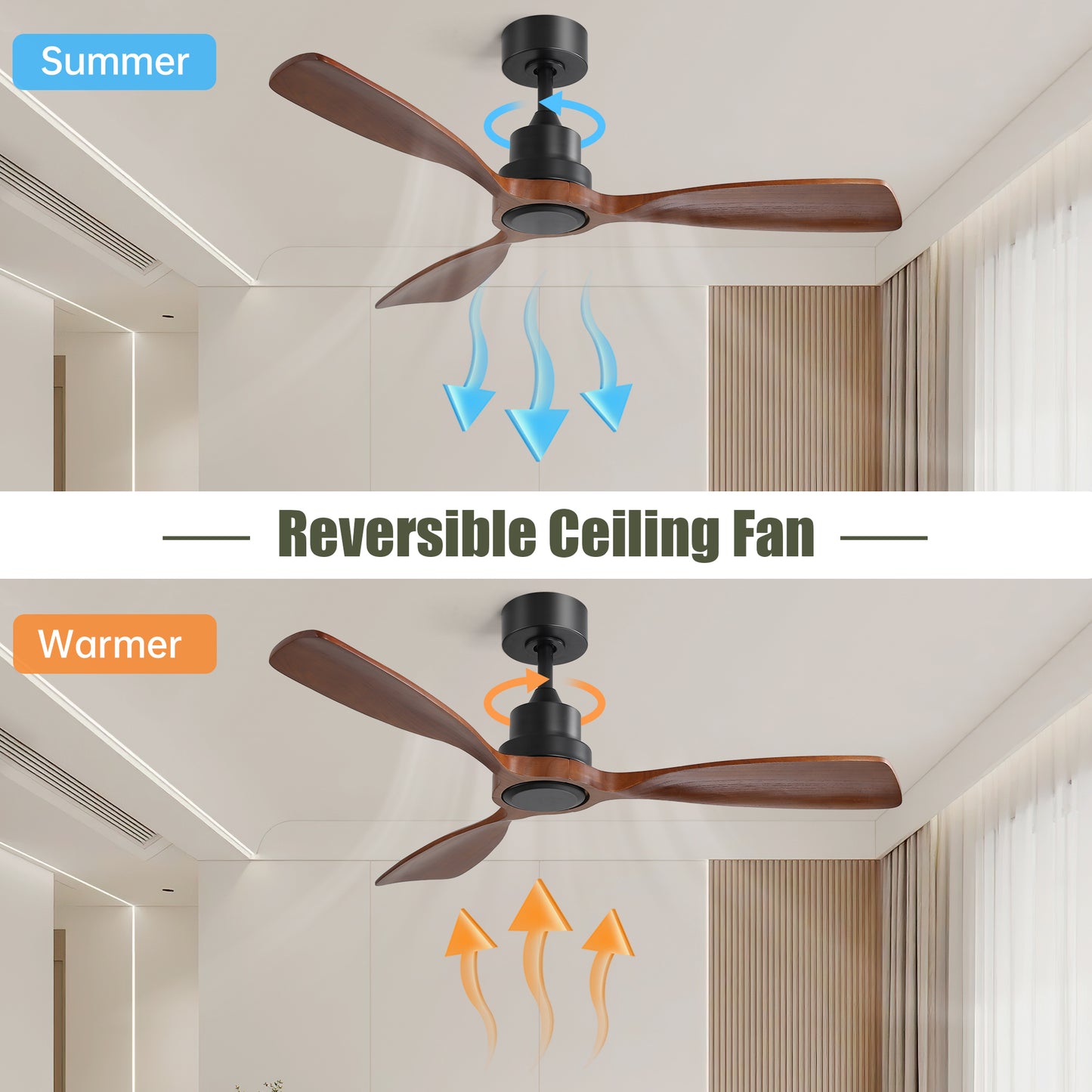 Reversible ceiling fan with dark wood blades and black motor housing in summer mode circulating air downwards
