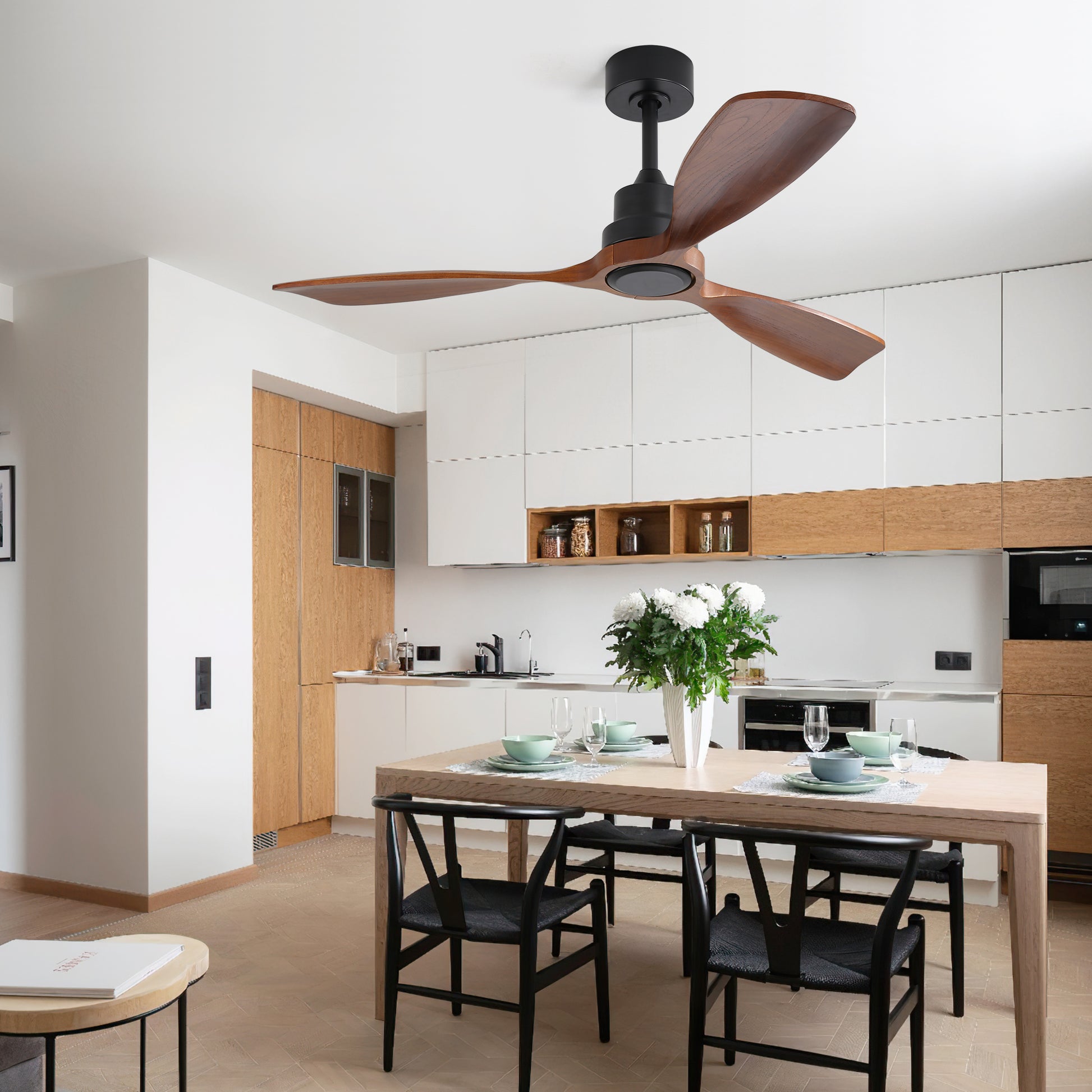 Threeblade walnut wood ceiling fan with black motor housing modern design
