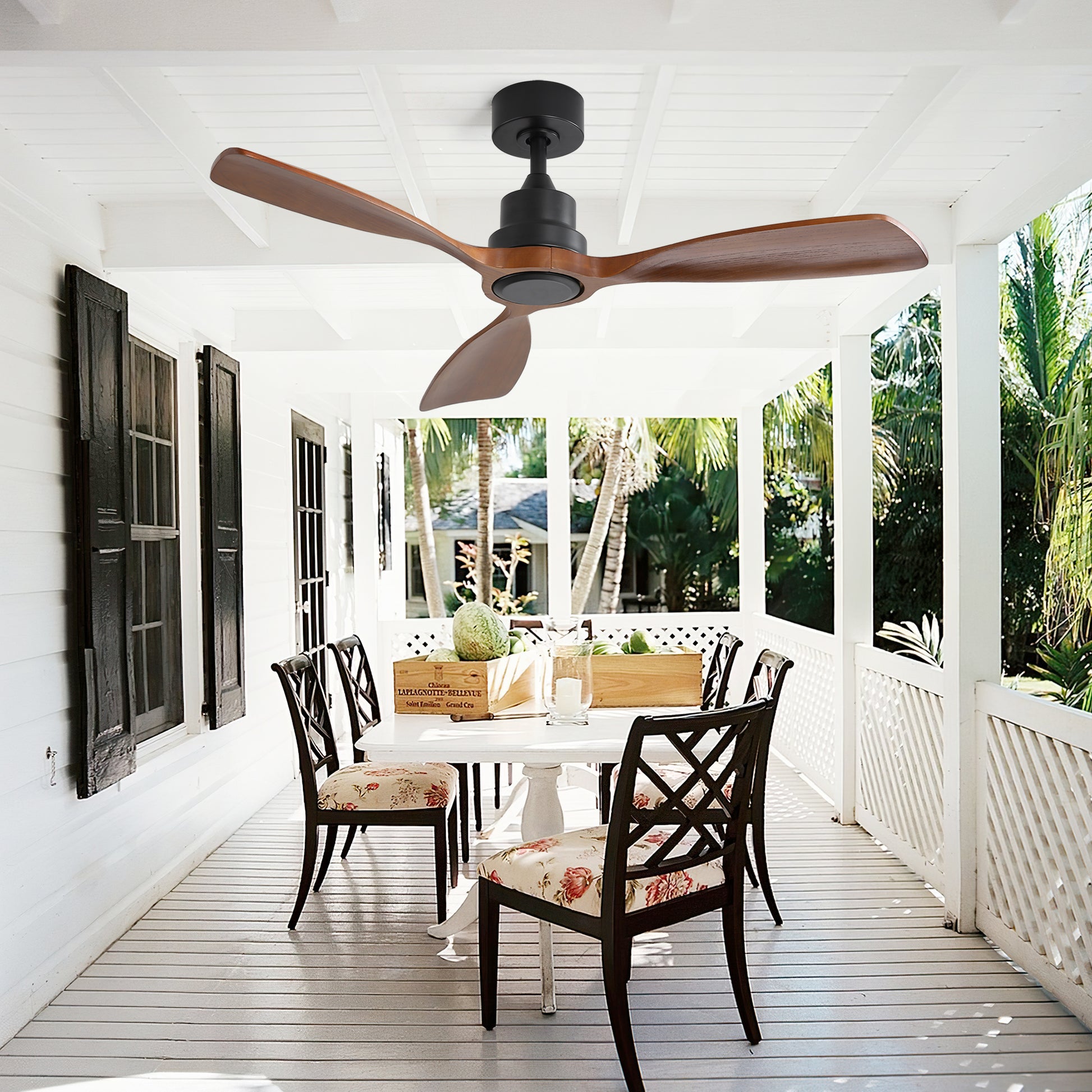 Modern black ceiling fan with three dark wood blades ideal for outdoor patios