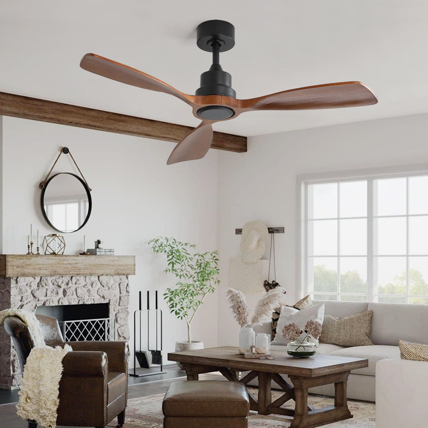 Modern black ceiling fan with three natural woodtoned blades for living rooms
