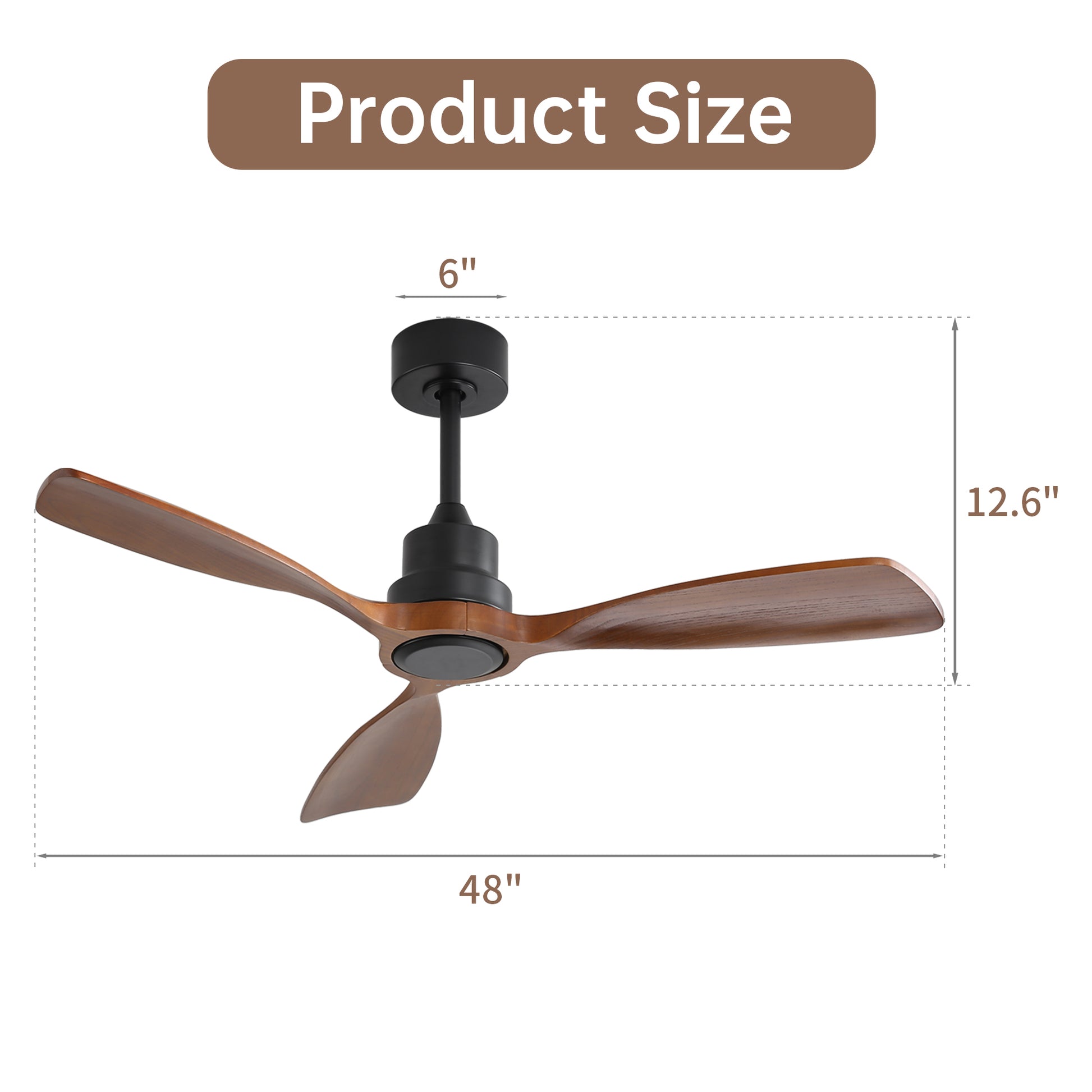 Modern inch ceiling fan with three dark wood blades and black motor housing