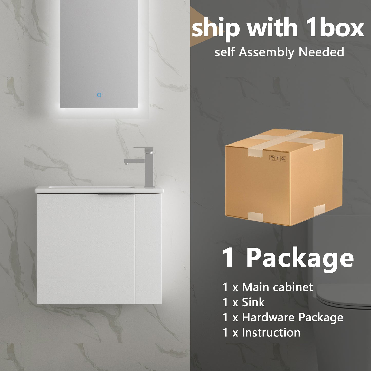 White modern bathroom vanity cabinet with a sleek chrome faucet and mirrored medicine cabinet above ready for selfassembly