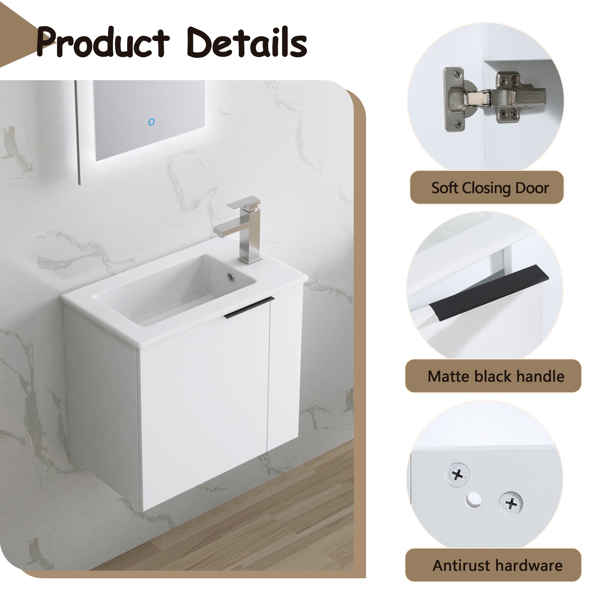 White wallmounted vanity with integrated sink and chrome faucet