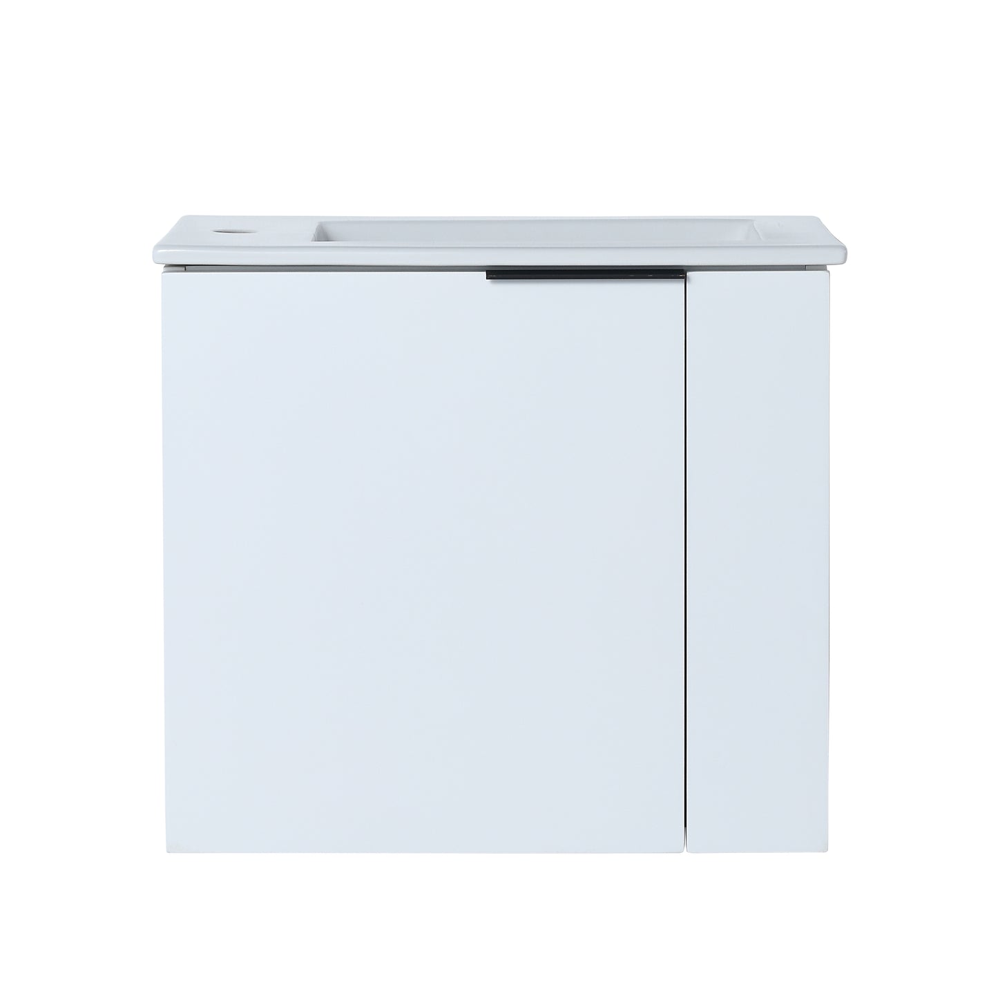 Modern white vanity cabinet with integrated sink and minimalist design