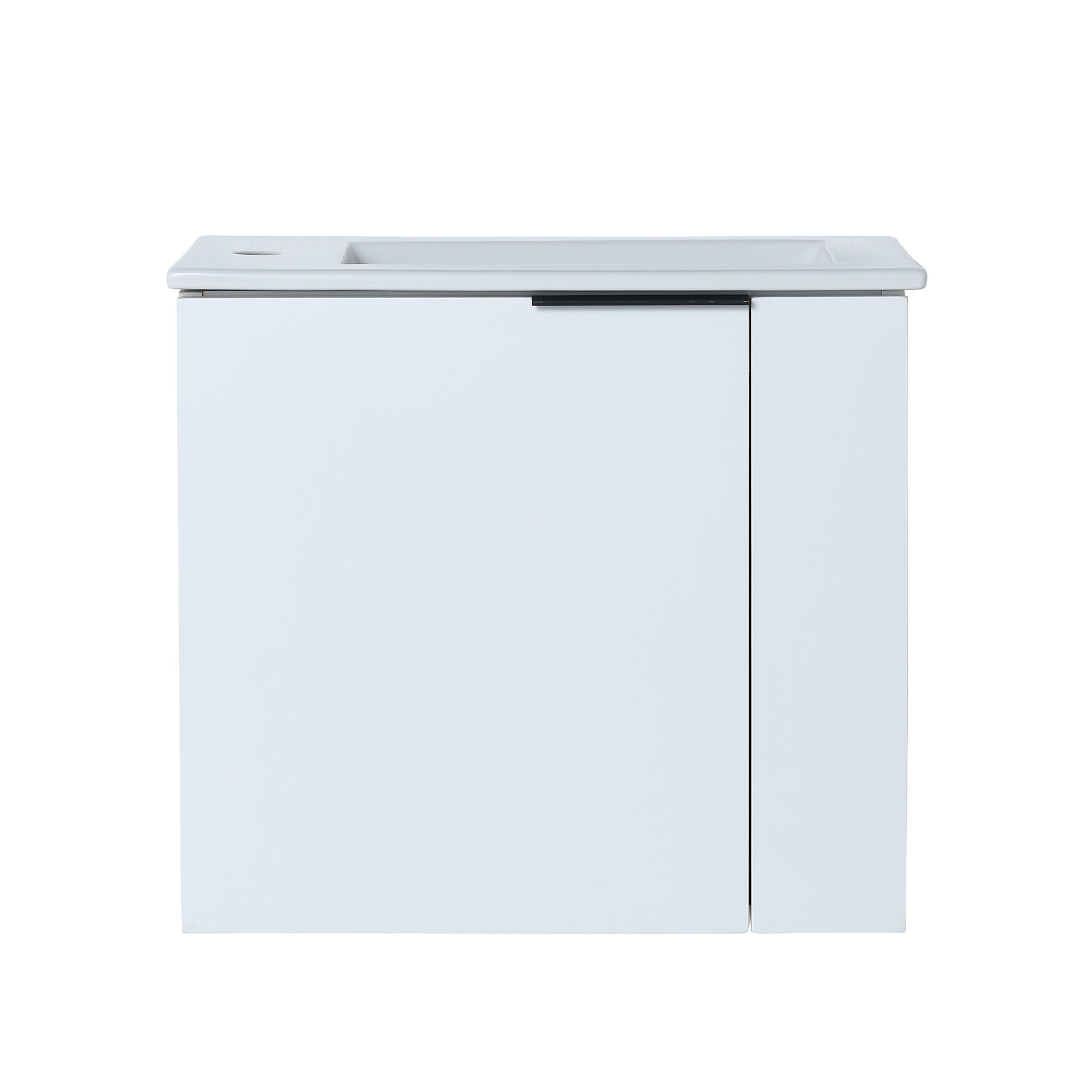 Modern white vanity cabinet with integrated sink and minimalist design
