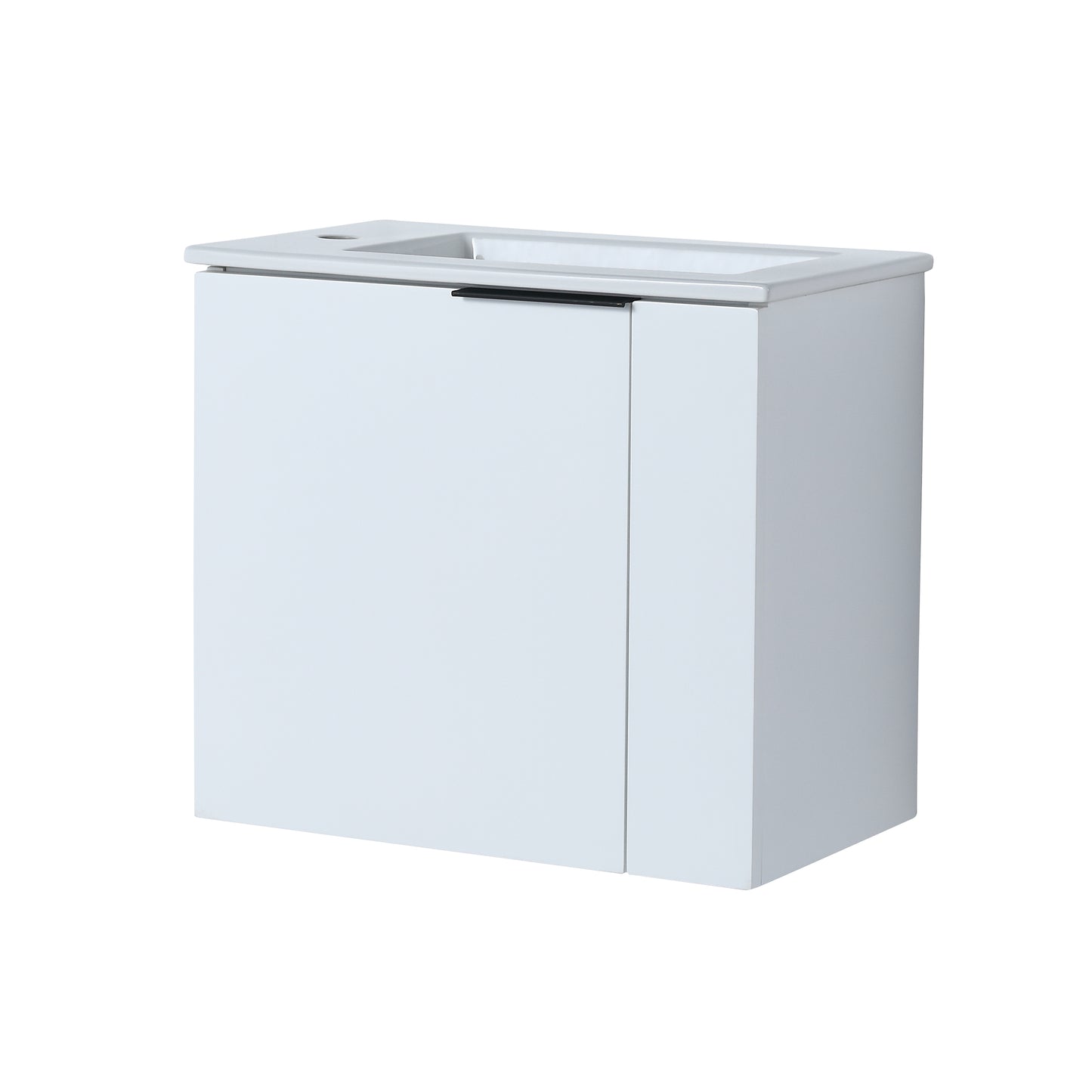 White modern bathroom vanity cabinet with integrated sink and black handle